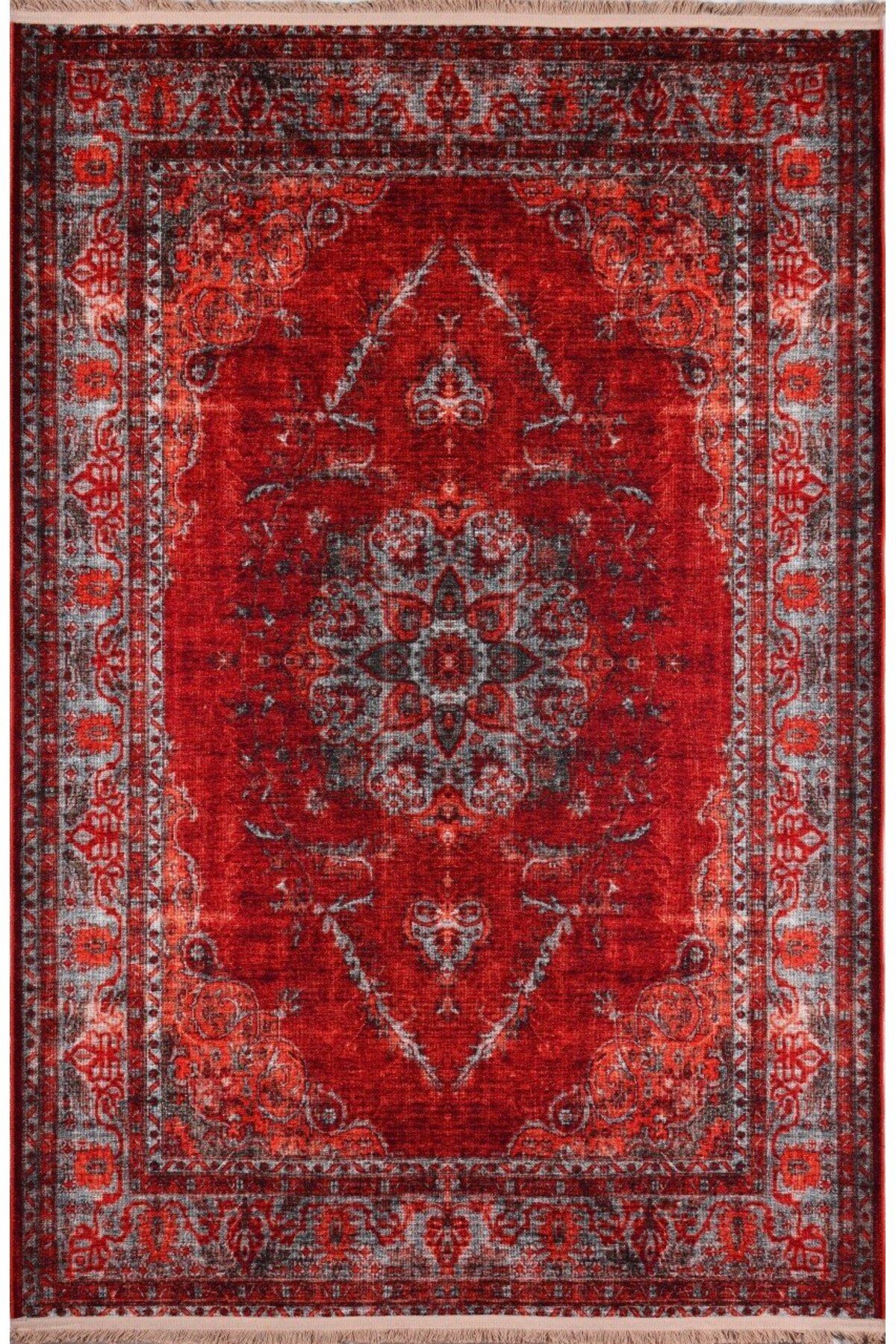 Kırmızı Gri Vintage Görünüm Klasik Desenli Dekoratif Halı Red2070