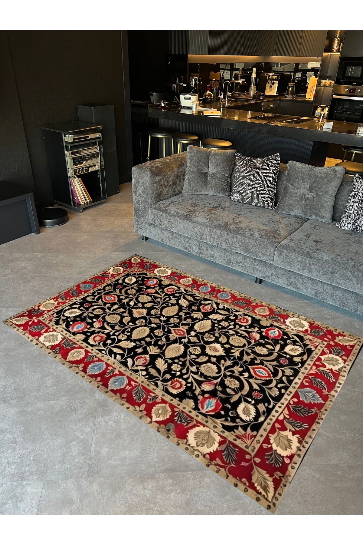 Paris Koleksiyonu Siyah Temalı Etnik Çiçek Motifleri Desenli Vintage Dekoratif Halı 61