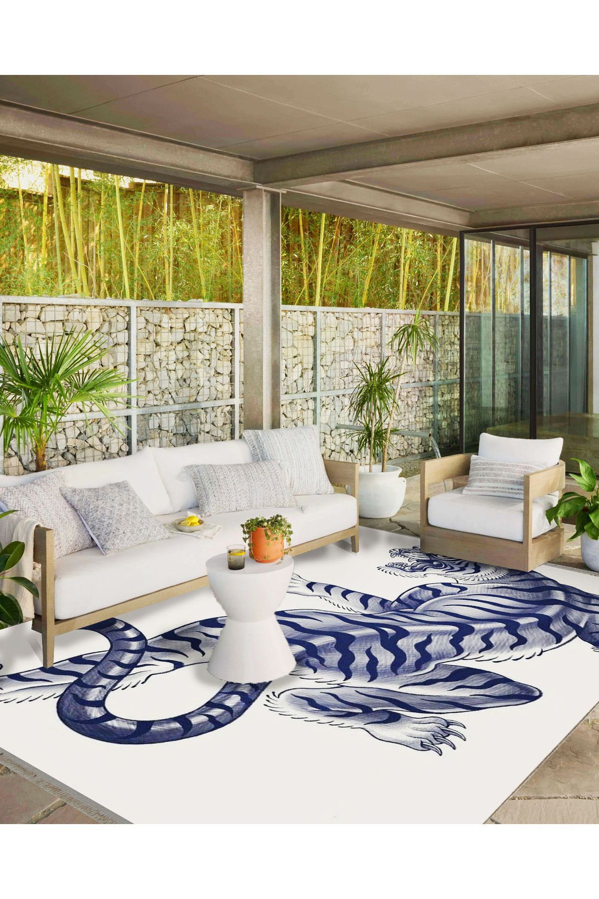 Leyla Koleksiyonu Beyaz Zemin Üzerine Koyu Lacivert Vahşi Kaplan Dokuma Taban Dekoratif Halı leyla40