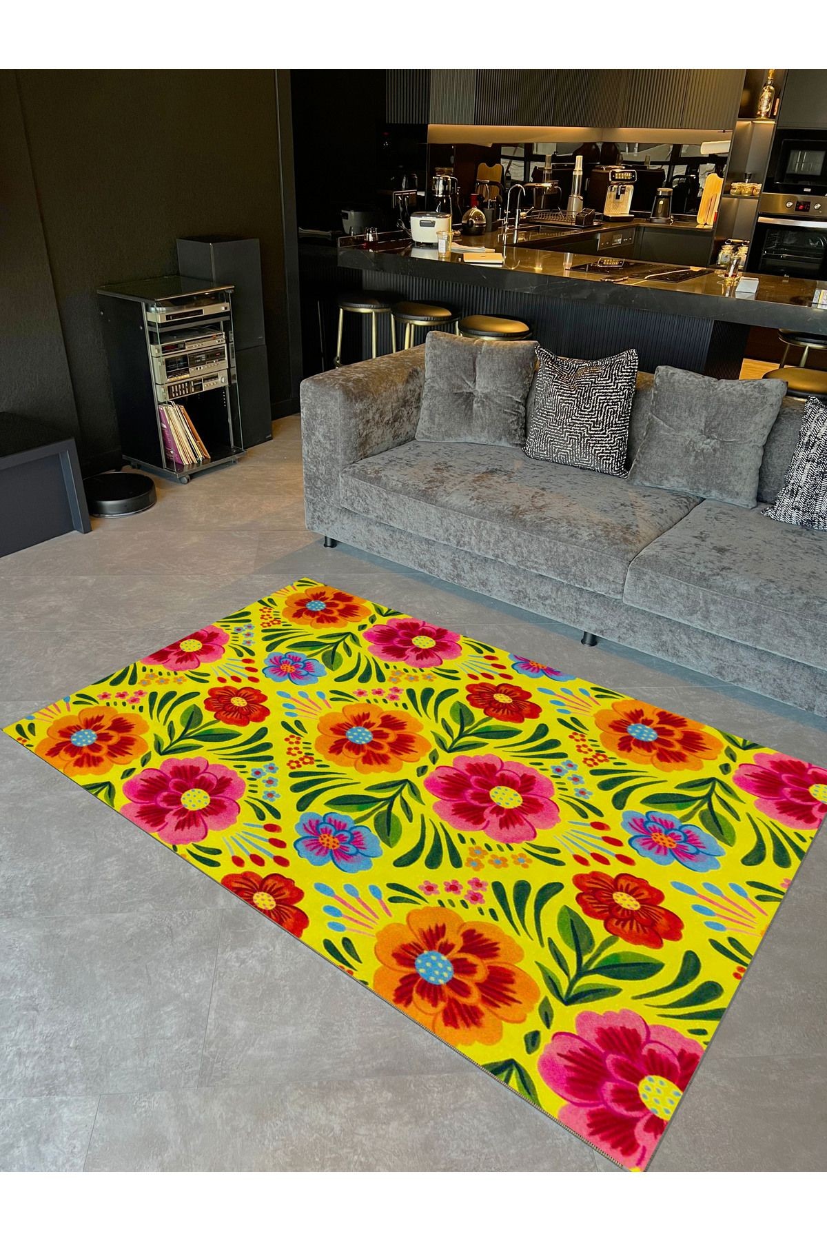 Kemal Koleksiyonu Sarı Temalı Floral Çiçek Figürleri Desenli Dokuma Taban Modern Dekoratif Halı 21