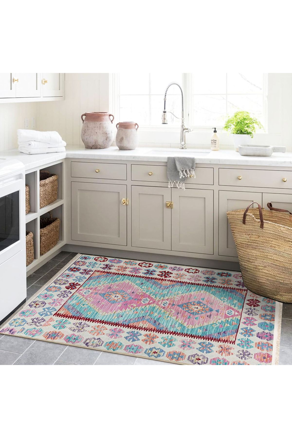 Emre Koleksiyonu Açık Renkli Tonlar Geleneksel Motif Desenli Dokuma Taban Vintage Dekoratif Halı 15