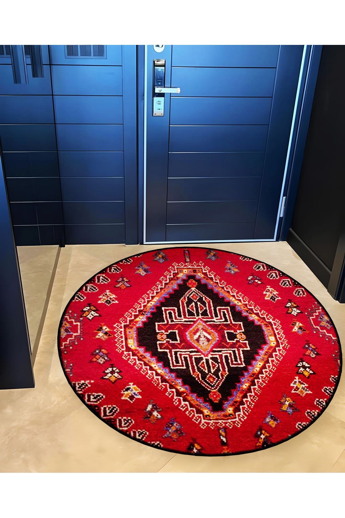 Kırmızı Temalı Etnik Motif Desenli Yuvarlak Dokuma Taban Vintage Dekoratif Halı 6226