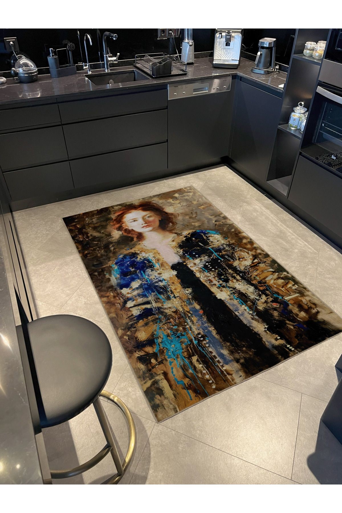 Sarı Mavi Temalı Asil Kadın Desenli Kreatif Modern Dekoratif Halı 2512