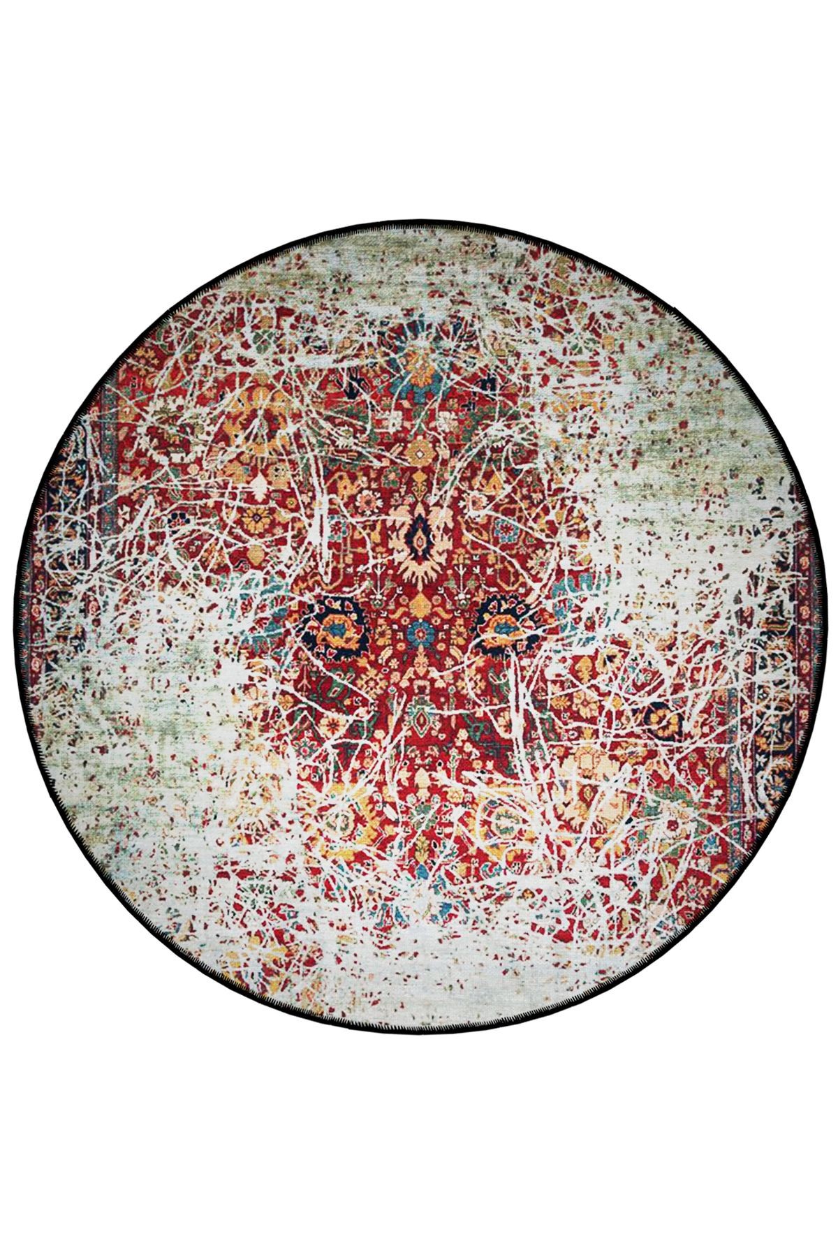 Bordo Bej Tema Geleneksel Motif Desenli Yuvarlak Dokuma Taban Vintage Dekoratif Halı 6197