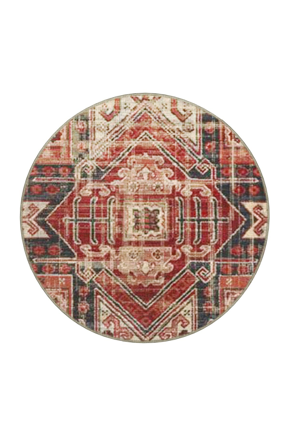 Kiremit Rengi Temalı Çok Renkli Geleneksel Motif Desenli Vintage Dekoratif Halı 3871