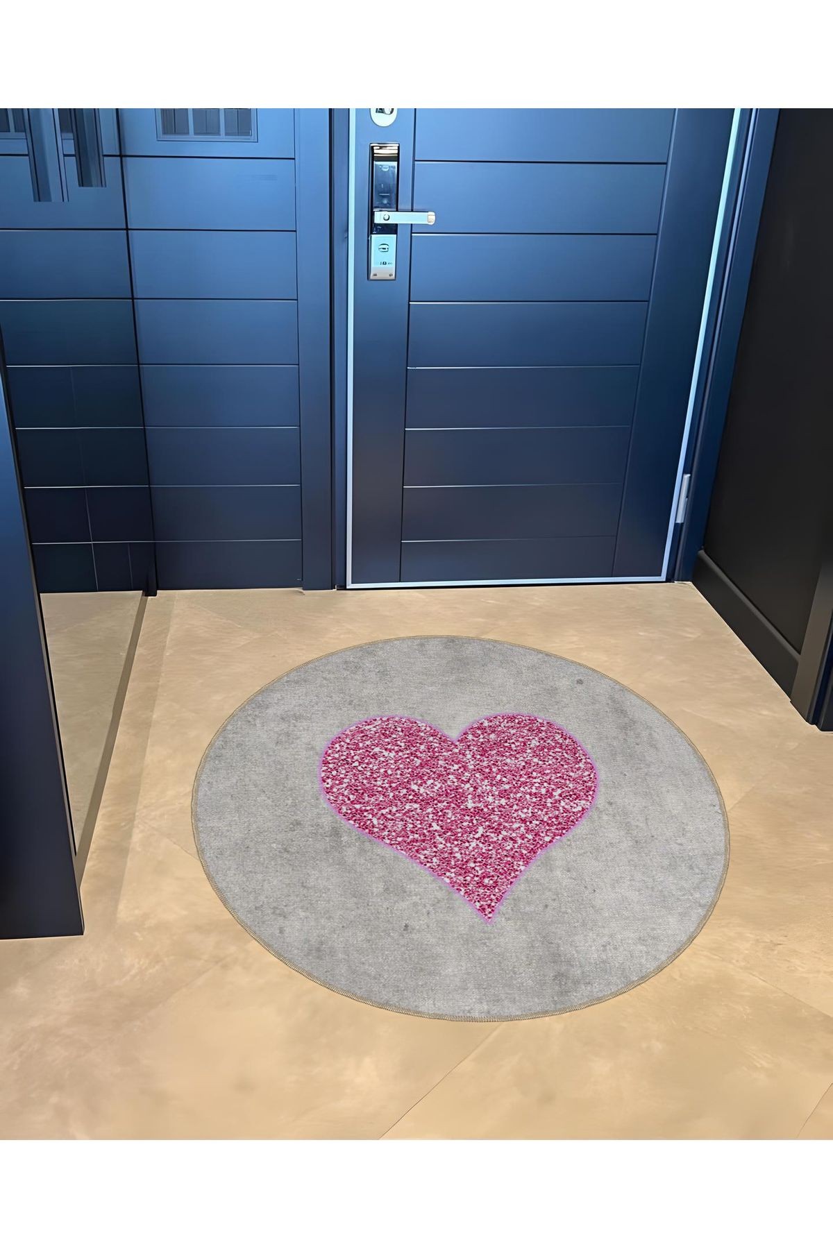 Pembe Gri Temalı Kalp Desenli Yuvarlak Dokuma Taban Modern Dekoratif Halı 6062