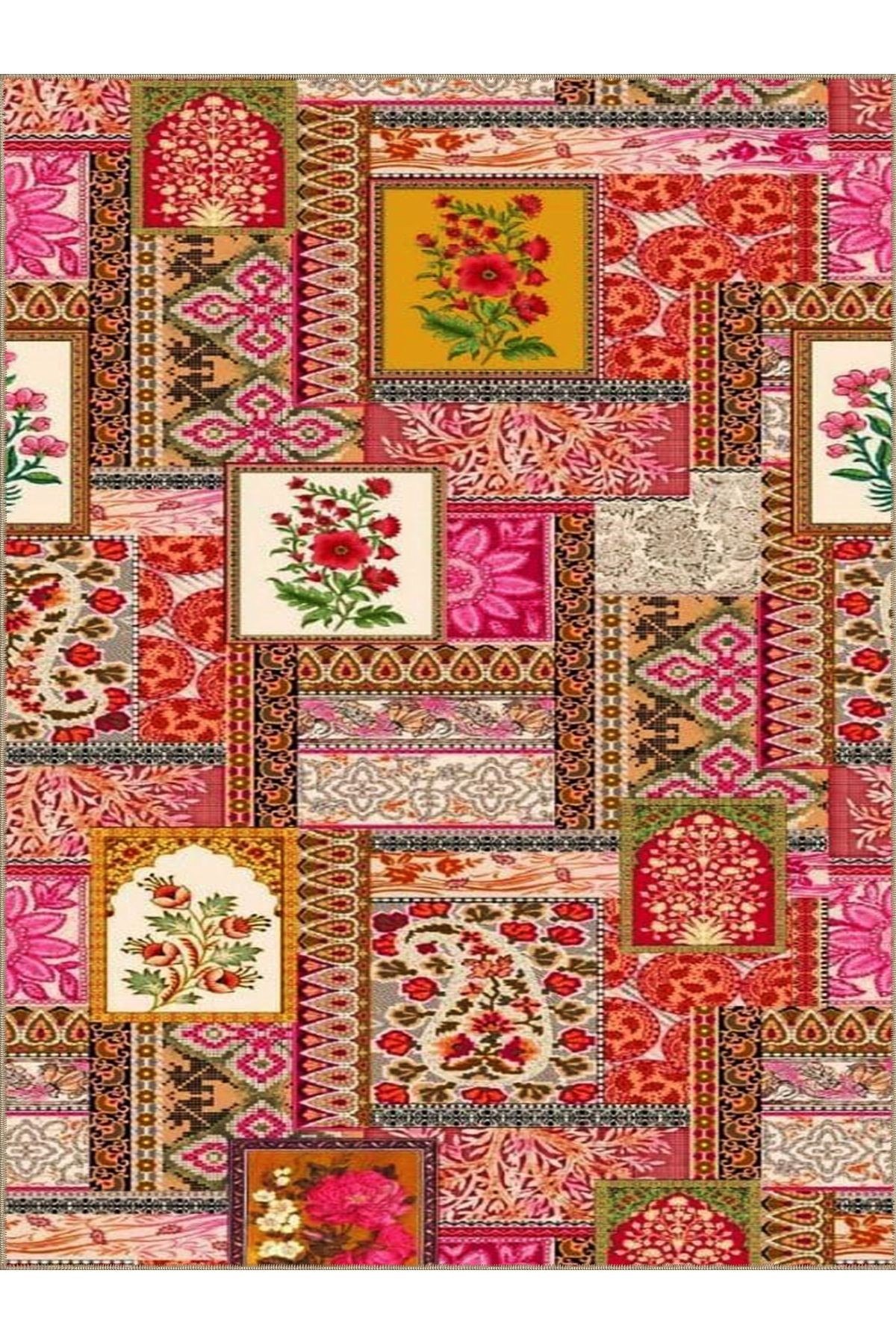 Kuvars Koleksiyonu Pembe Tema Çok Renkli Vintage Desenli Dokuma Taban Etnik Dekoratif Halı kuvars21
