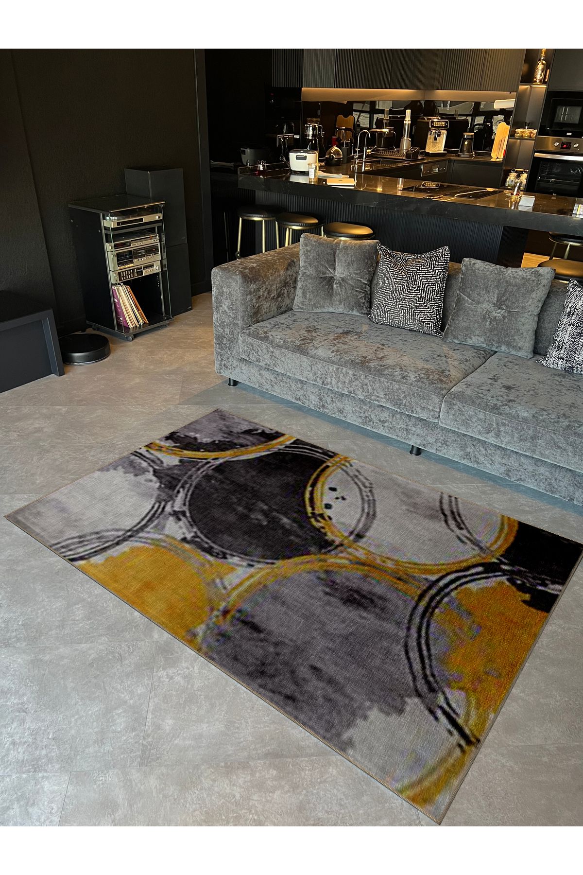 Gri Sarı Temalı Geometrik Daire Halka Desenli Modern Dekoratif Halı 5303