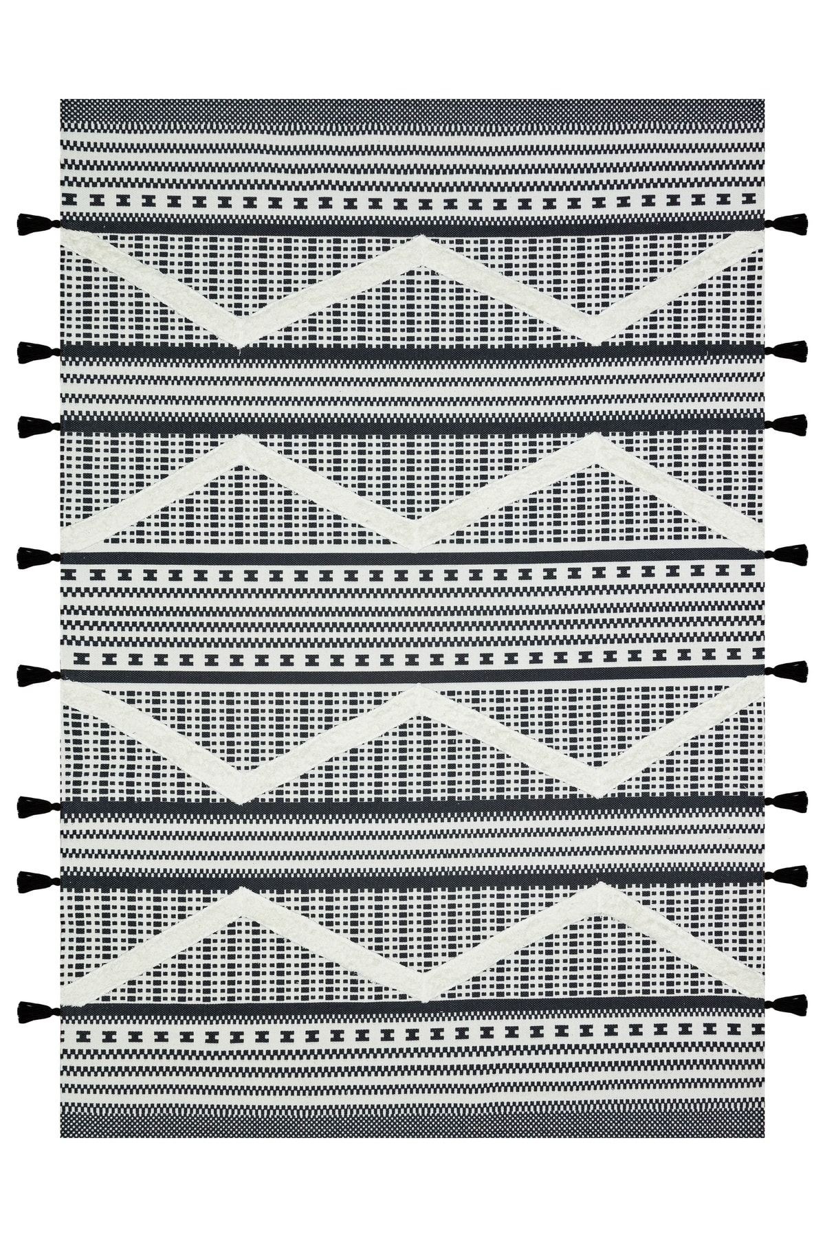 Rustik 4044 Iskandinav Kenarları Siyah Saçaklı Etnik Desen Kilim
