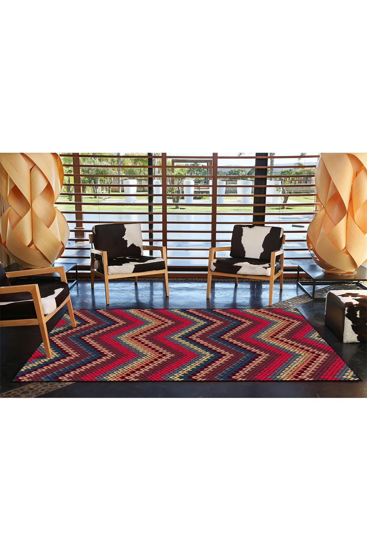 Kırmızı Pembe Turuncu Tonlarda Çapraz Çizgili Desenli Dokuma Taban Yıkanabilir Halı miravip9169