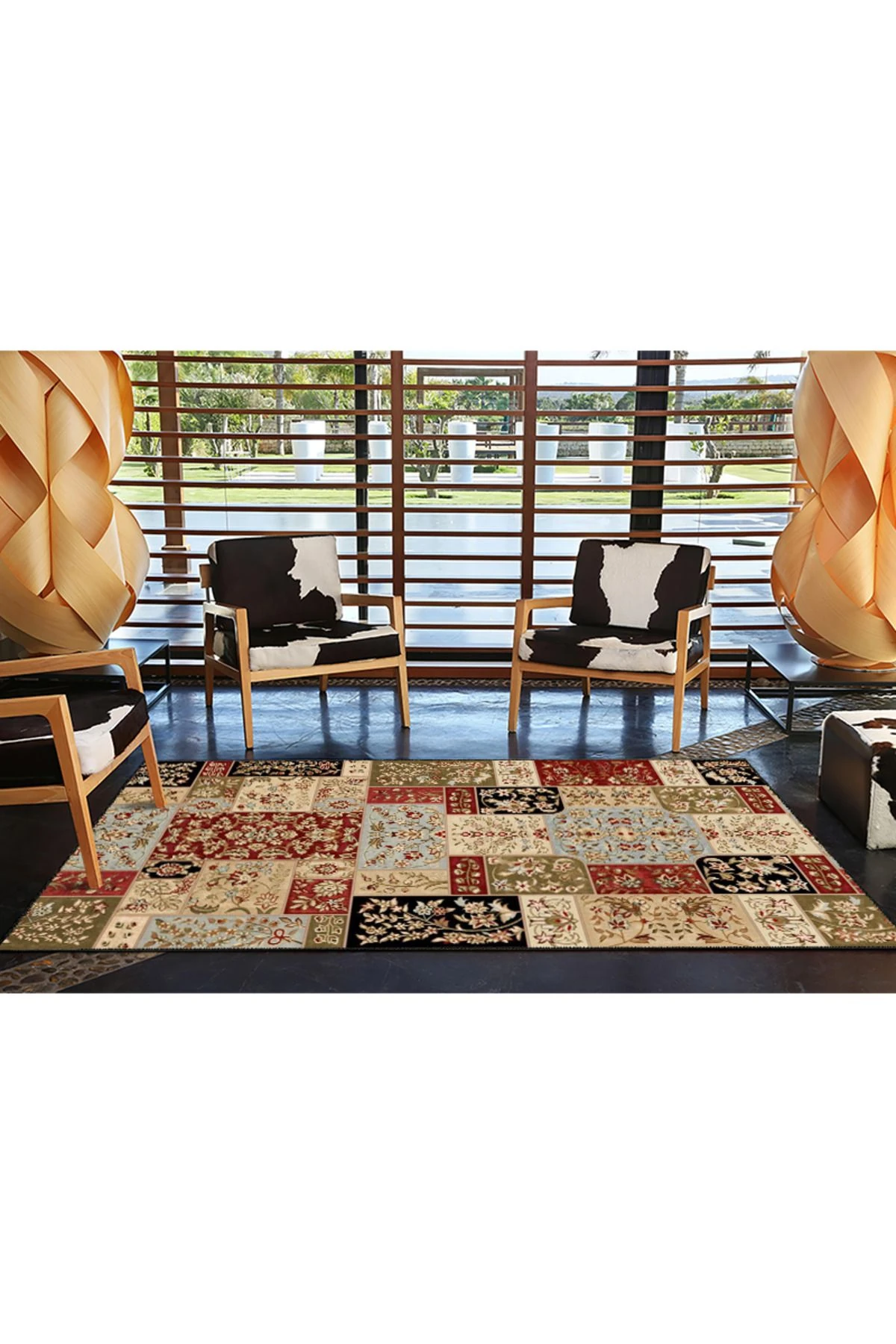 Kahverengi ve Kırmızı Renklerde Geometrik Kareli Dokuma Taban Halı 4436