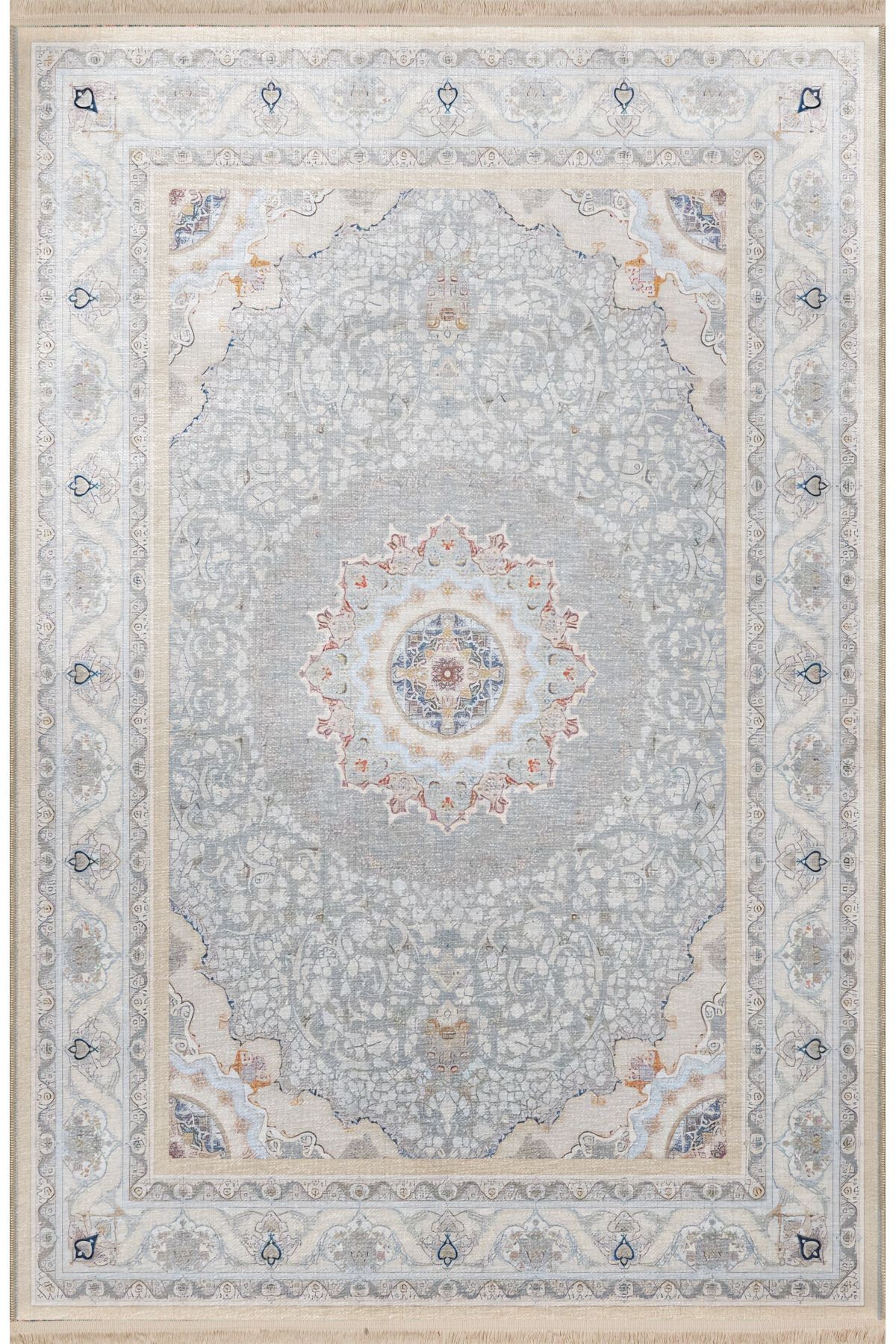 Pudra Bej Temalı Geleneksel Motif Çiçek Desenli Kreatif Vintage Dekoratif Halı 2402