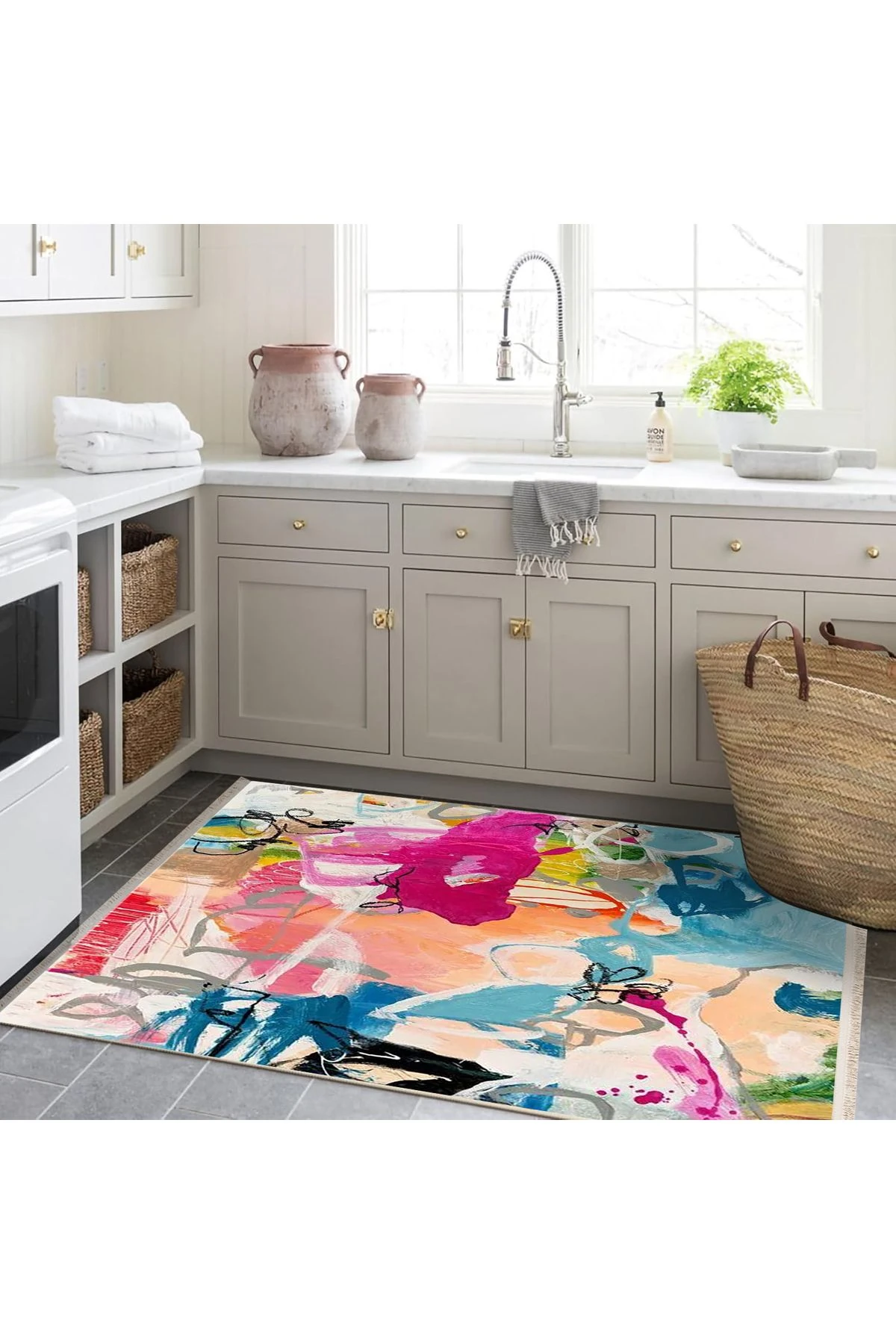 Özge Koleksiyonu Yağlı Boya Görünümlü Çok Renkli Soyut Desenli Dokuma Taban Dekoratif Halı özge22