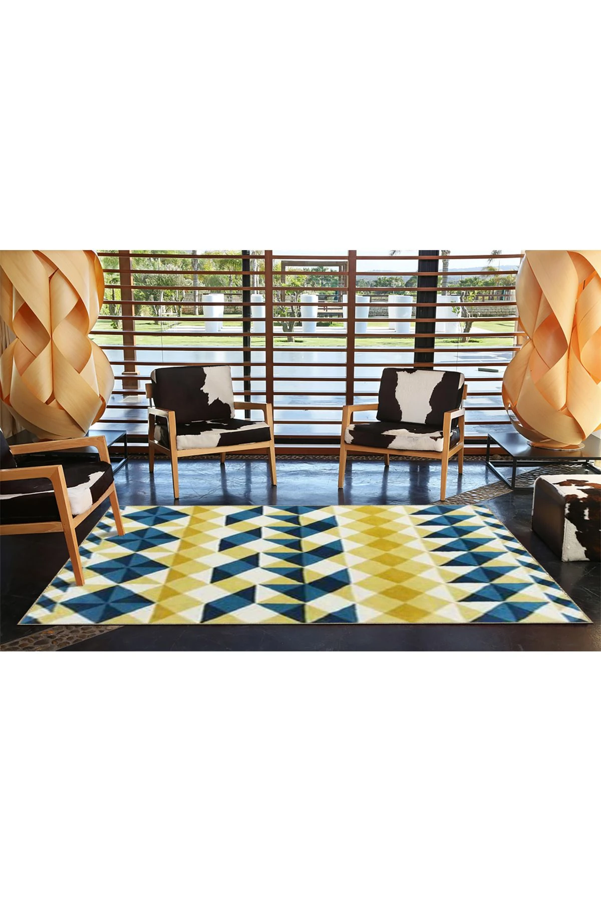 Çapraz Sarı Lacivert Geometrik Dokuma Taban Halı 4452