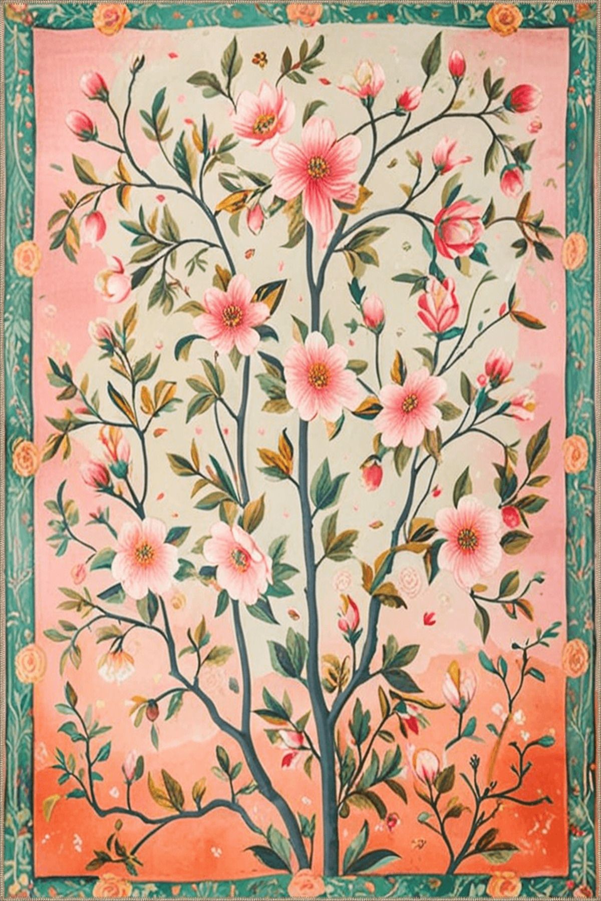 Paris Koleksiyonu Pembe Pudra Temalı Floral Çiçekler Desenli Kreatif Modern Dekoratif Halı 113