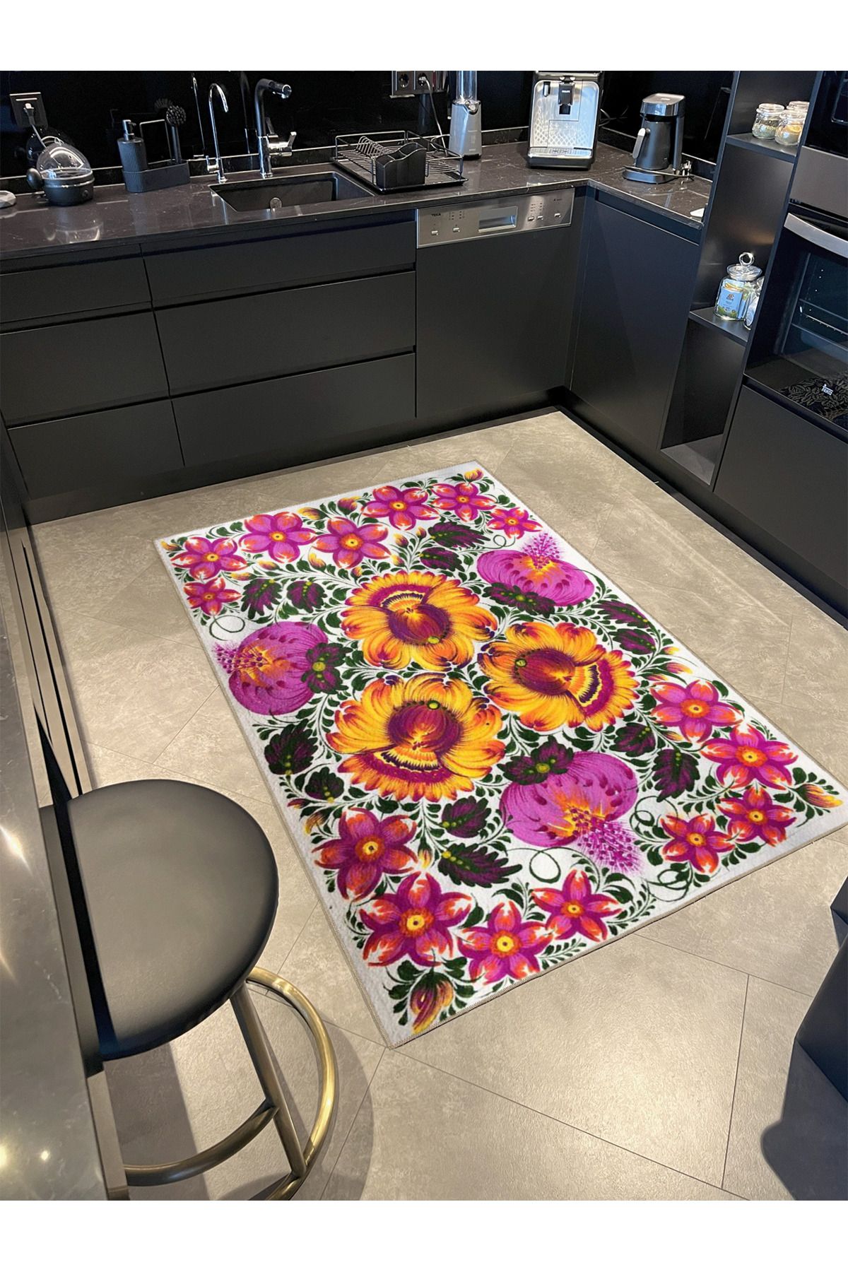 Mor ve Karışık Renkli Çiçekli Floral Geometrik Modern Dekoratif Halı miravip173