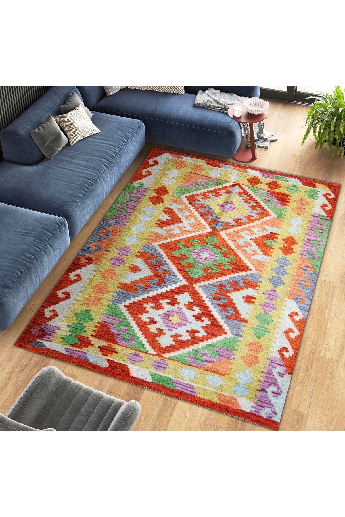 Melek Koleksiyonu Çok Renkli Eskitme Görünümlü Desenli Dokuma Taban Modern Dekoratif Halı melek46