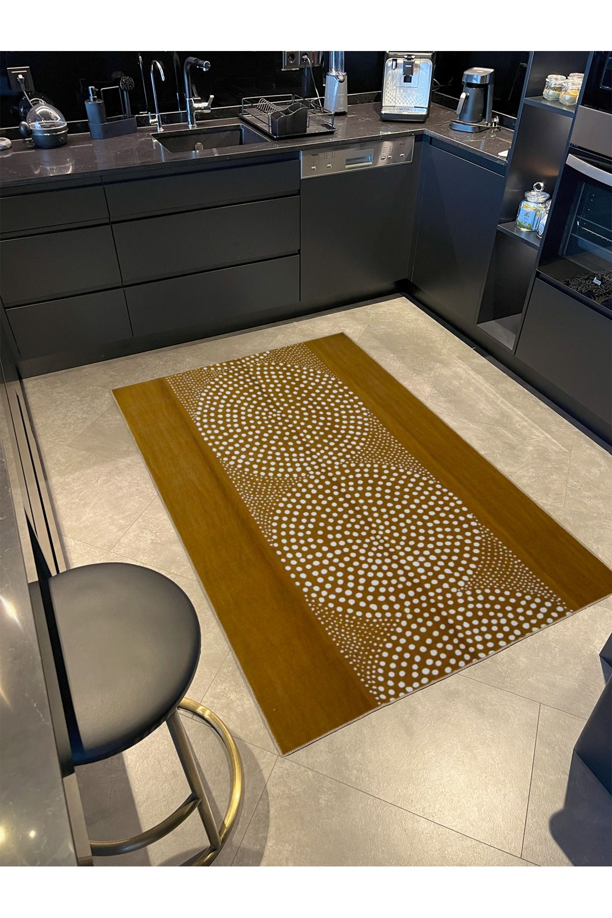 Kahverengi Misket Daireli Temalı Desenli Dokuma Taban Halı ve Yıkanabilir Halı miravip9988