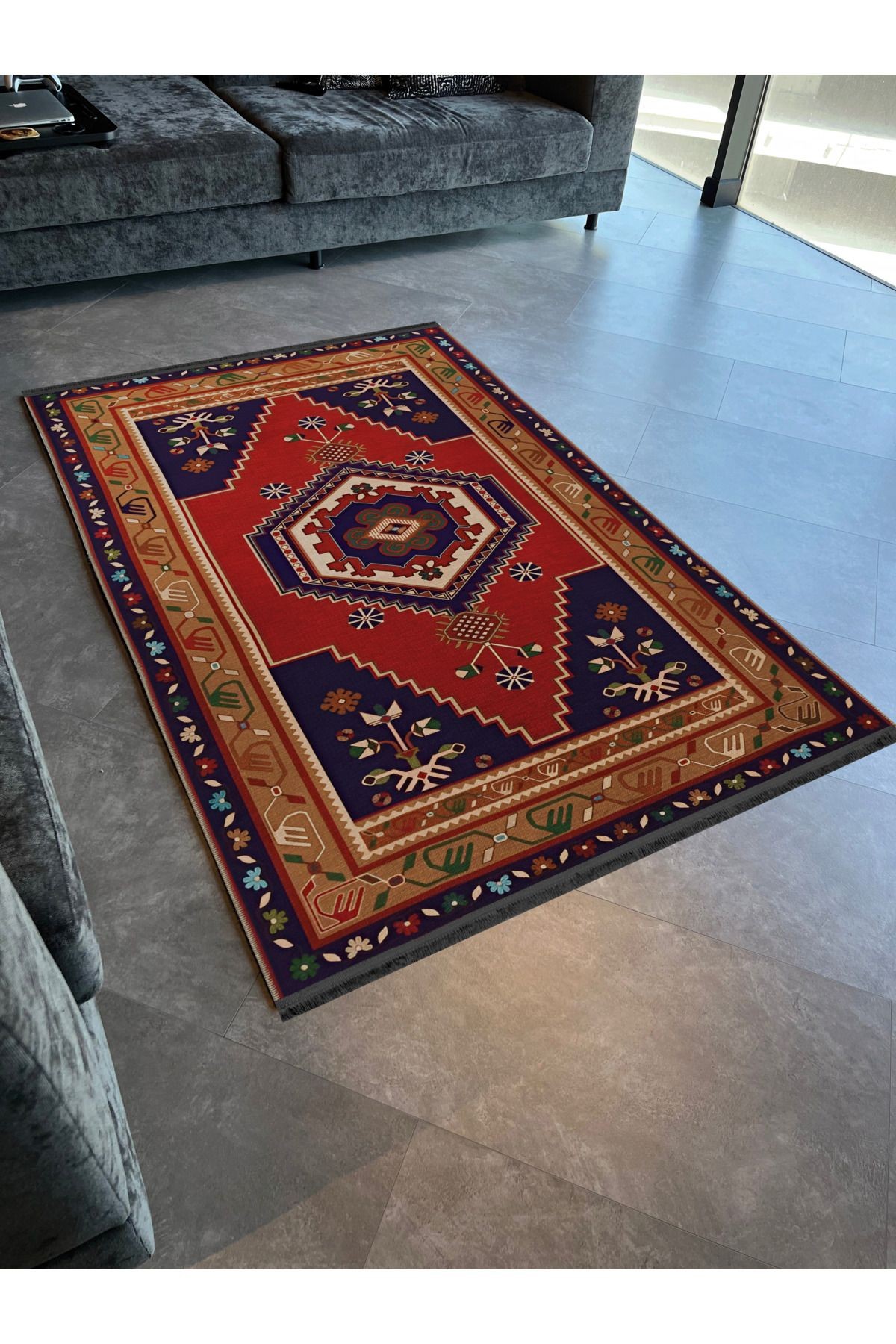 Mavi Kırmızı Temalı Çok Renkli Geleneksel Motif Çiçek Desenli Vintage Dekoratif Halı 2042