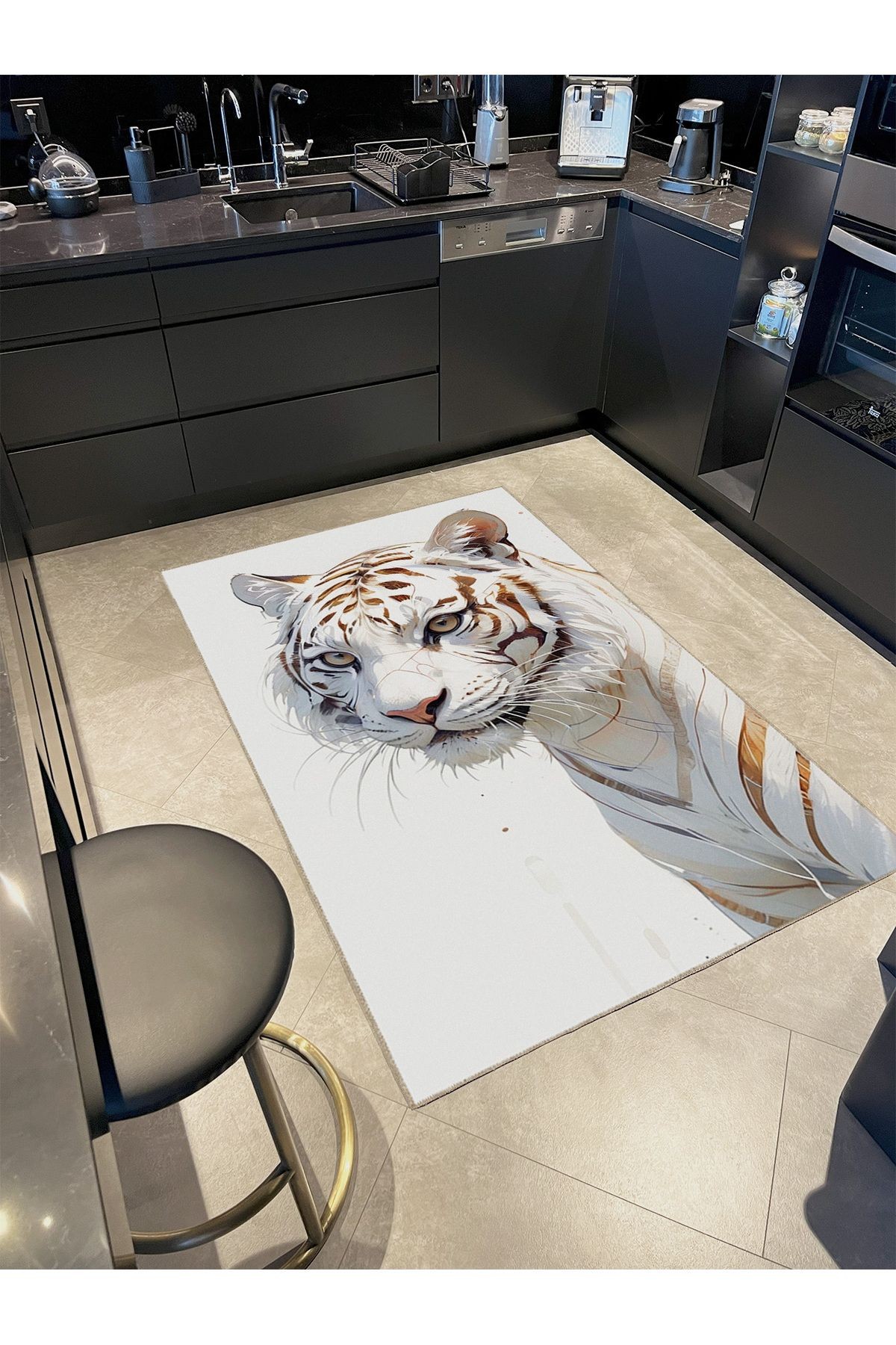 Kemal Koleksiyonu Soyut Beyaz Kaplan Desenli Dokuma Taban Kreatif Modern Dekoratif Halı 52