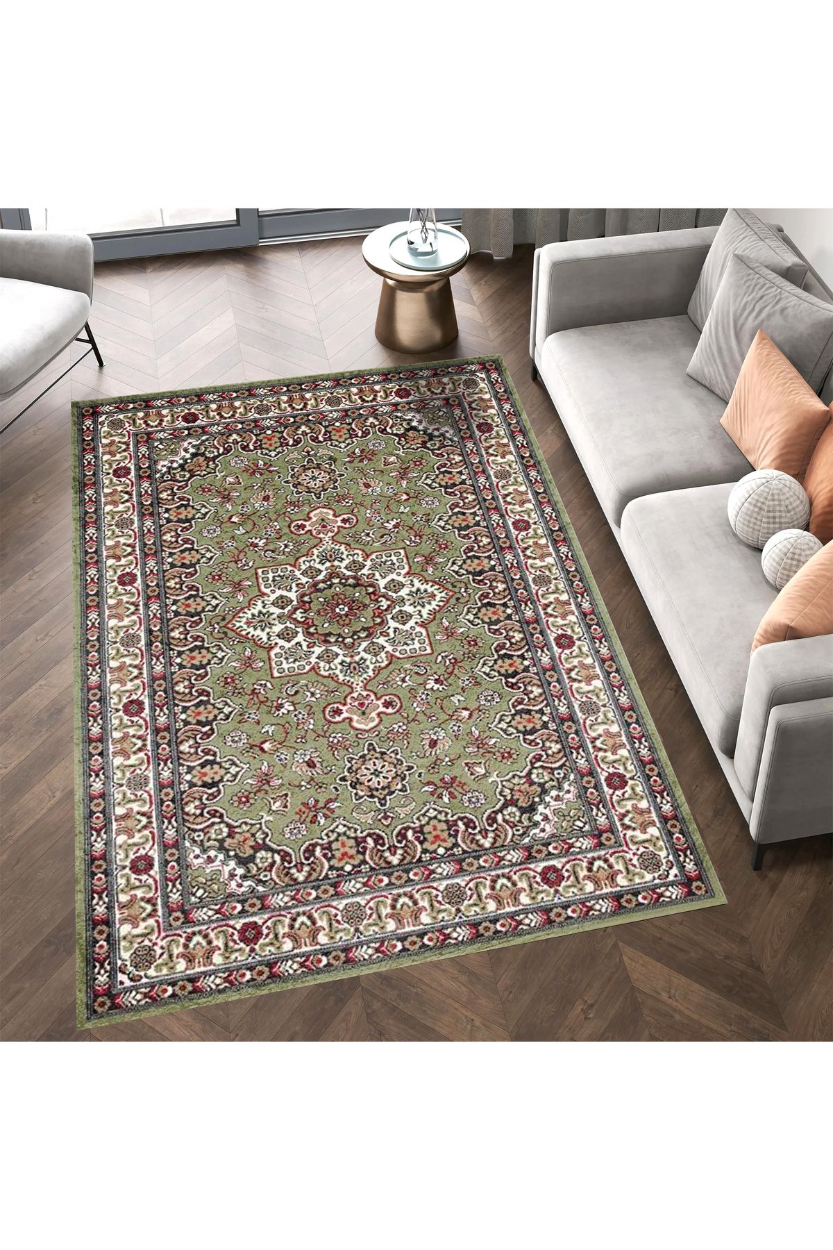 Kuzey Koleksiyonu Yeşil Etnik Desenli Dokuma Taban Dekoratif Halı kuzey04