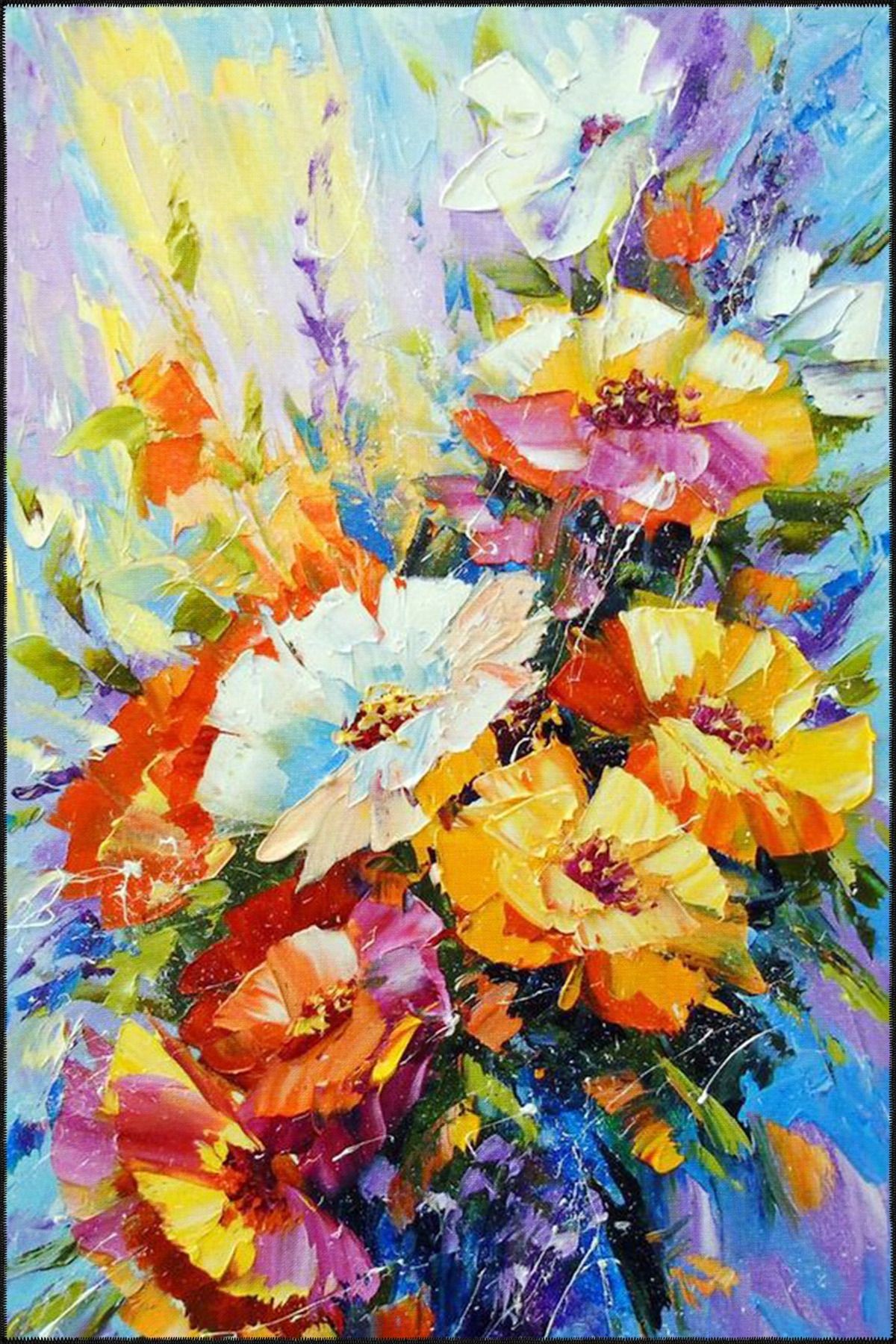 Floral Çiçek Kırmızı Renkli Manzaralı Dekoratif ve Dokuma Taban Yıkanabilir Halı miravip8822