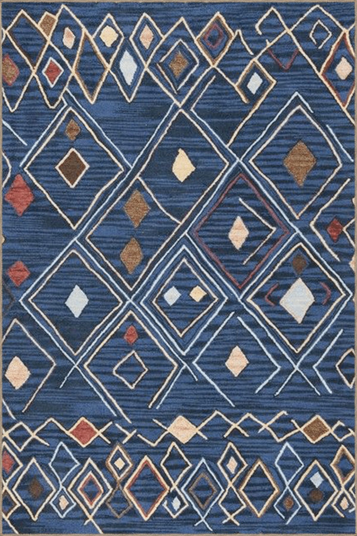 Koyu Mavi Temalı Geleneksel Motif Desenli Vintage Dekoratif Halı 4724