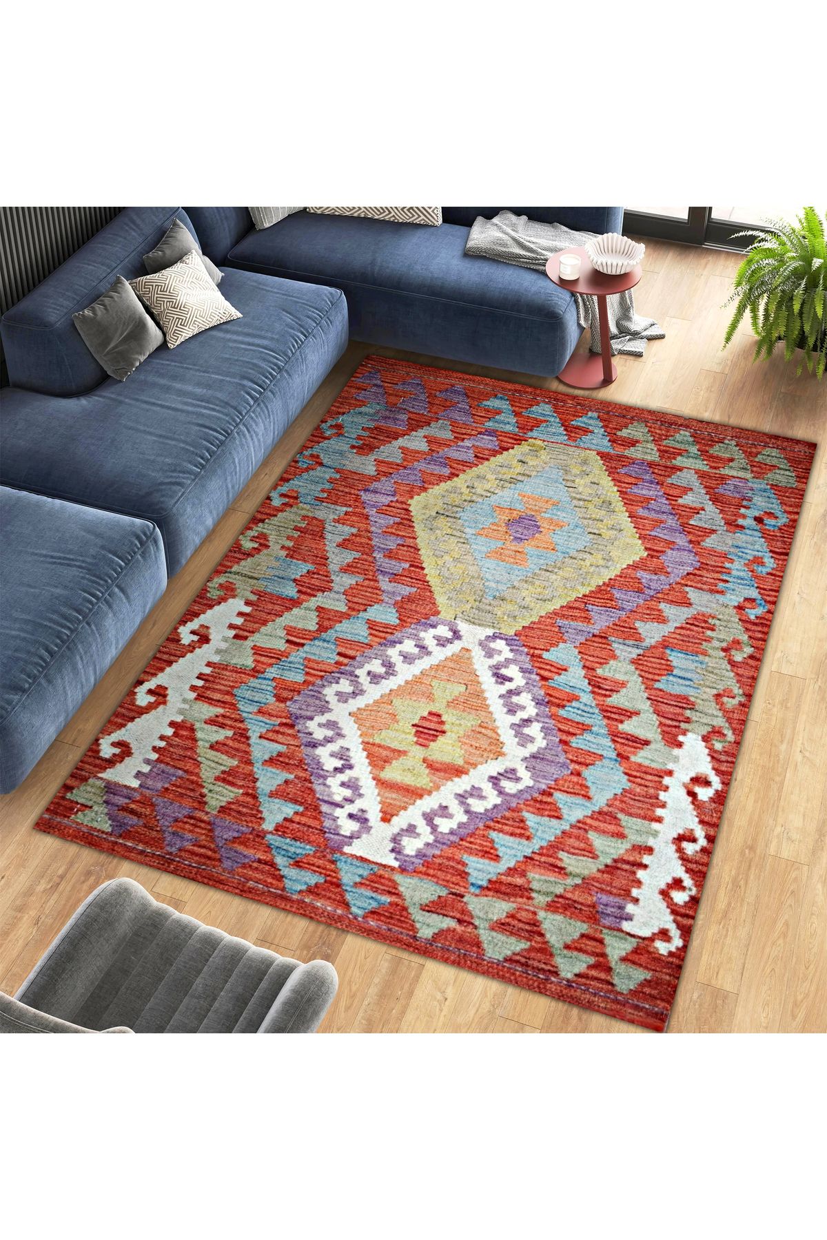 Asena Koleksiyonu Kırmızı Tema Çok Renkli Geometrik Motifler Desenli Vintage Dekoratif Halı 18