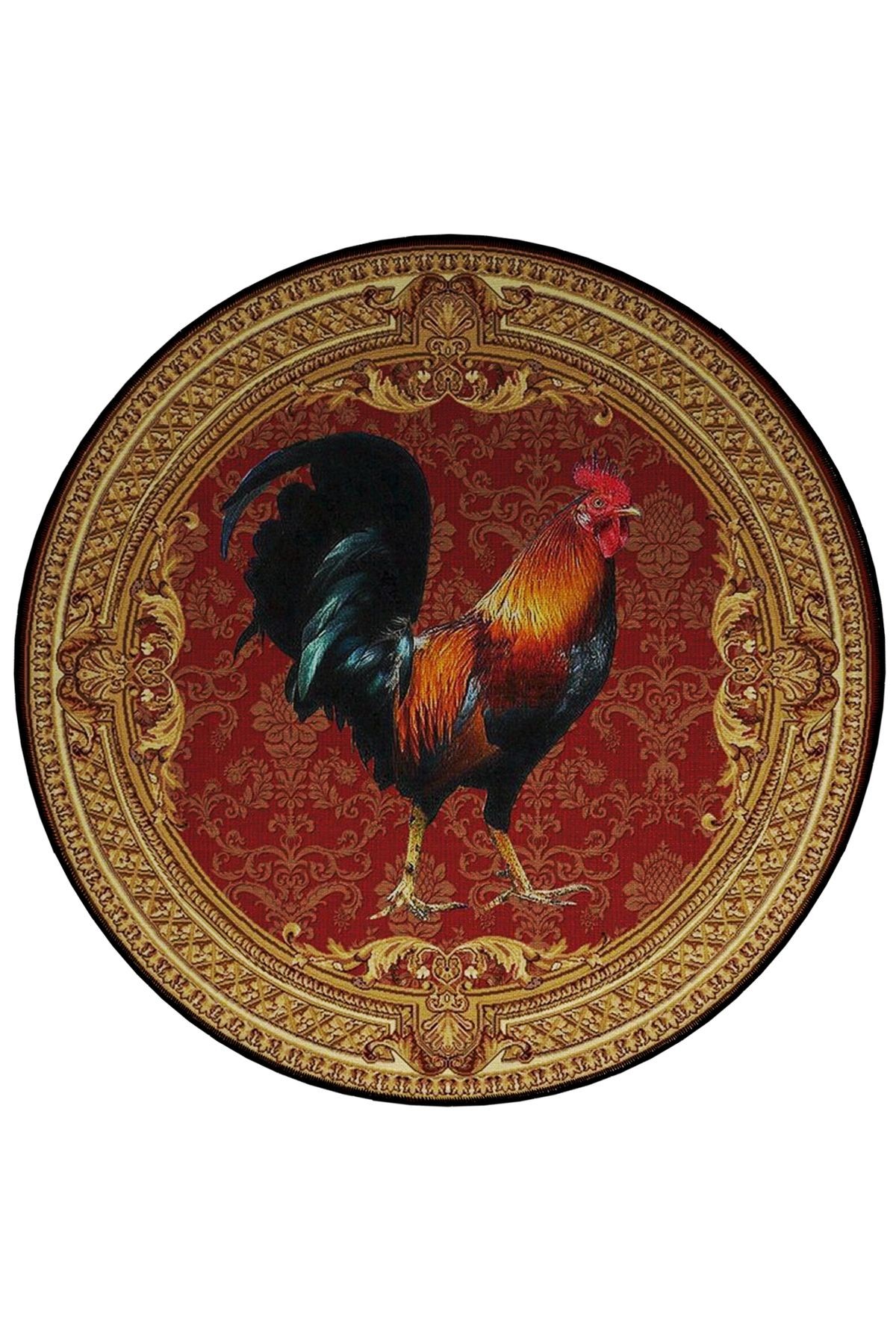 Bordo Tema Horoz Desenli Yuvarlak Dokuma Taban Vintage Dekoratif Halı 6132
