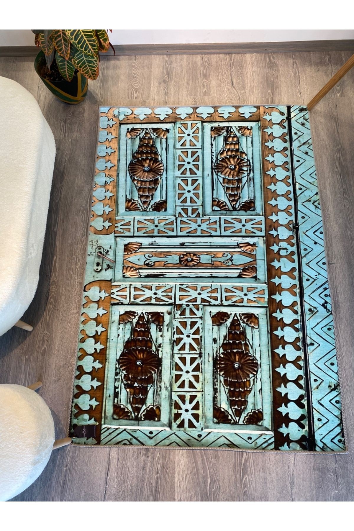 Seda Koleksiyonu Turkuaz Kahverengi Antik Desenli Dokuma Taban Modern Dekoratif Halı seda04