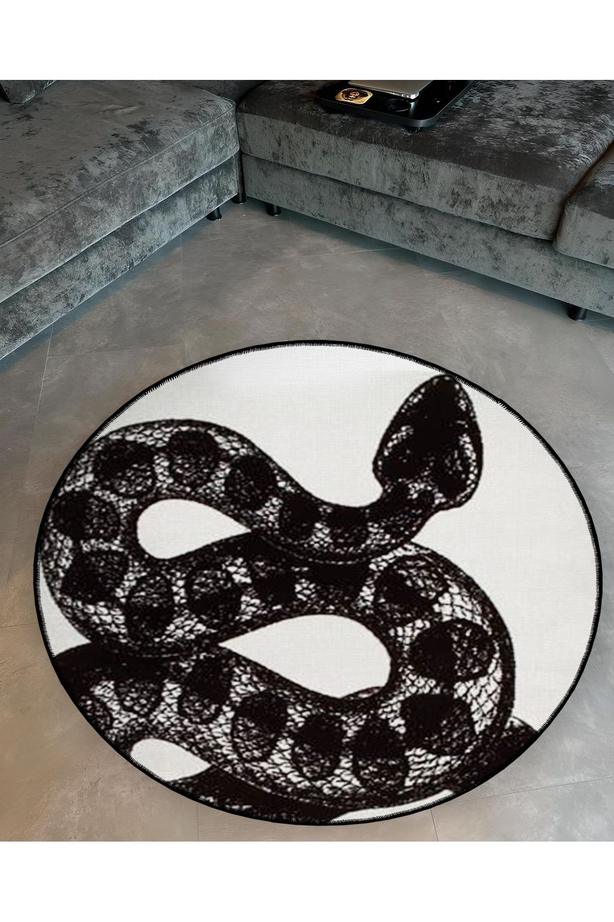 Mira Yuvarlak Beyaz Siyah Yılan Detaylı Dokuma Taban Modern Dekoratif Halı 5581