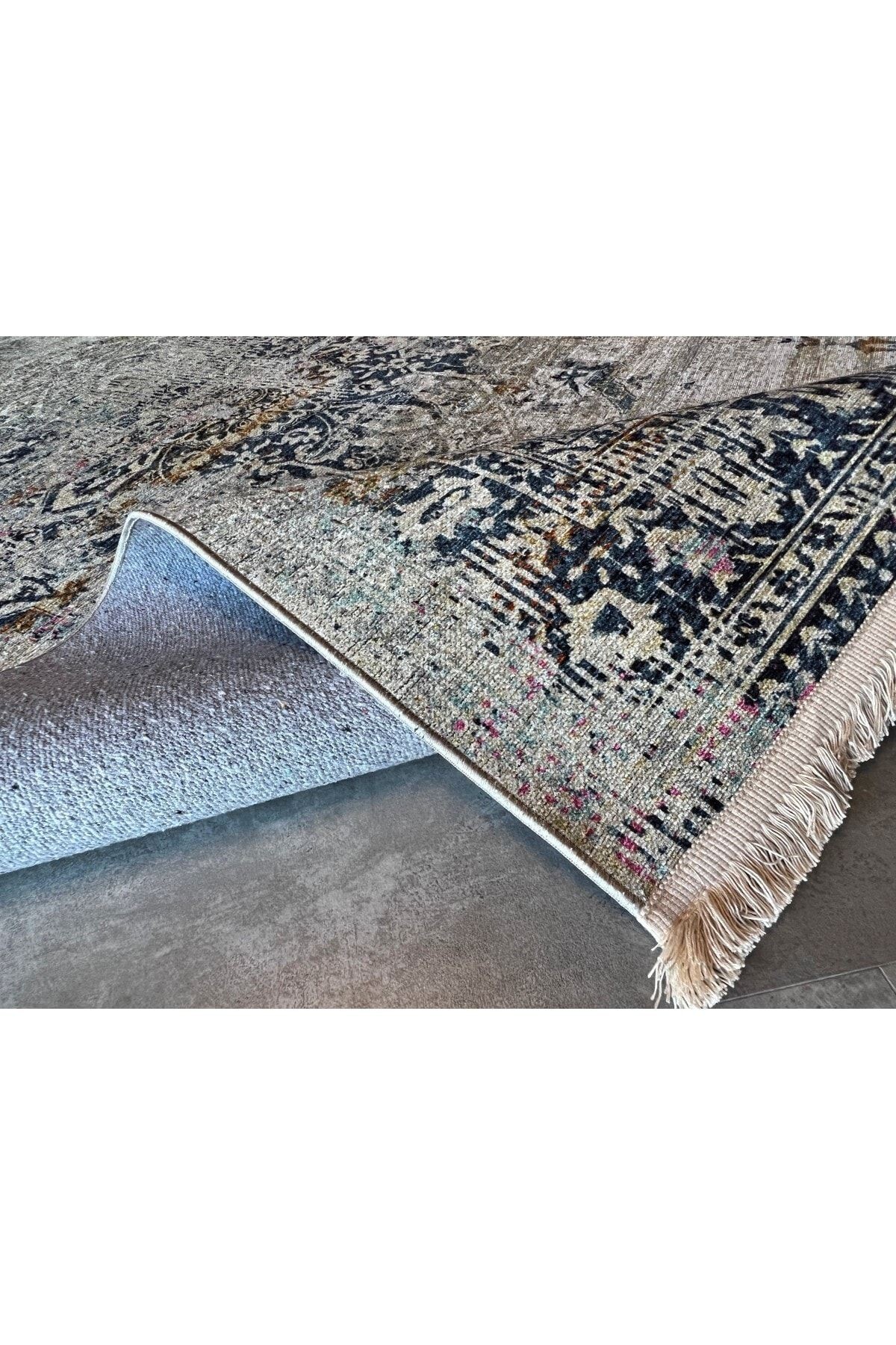 Mira Bej Lacivert 2106 Vintage Eskitme Tarz Dokuma Taban Halı