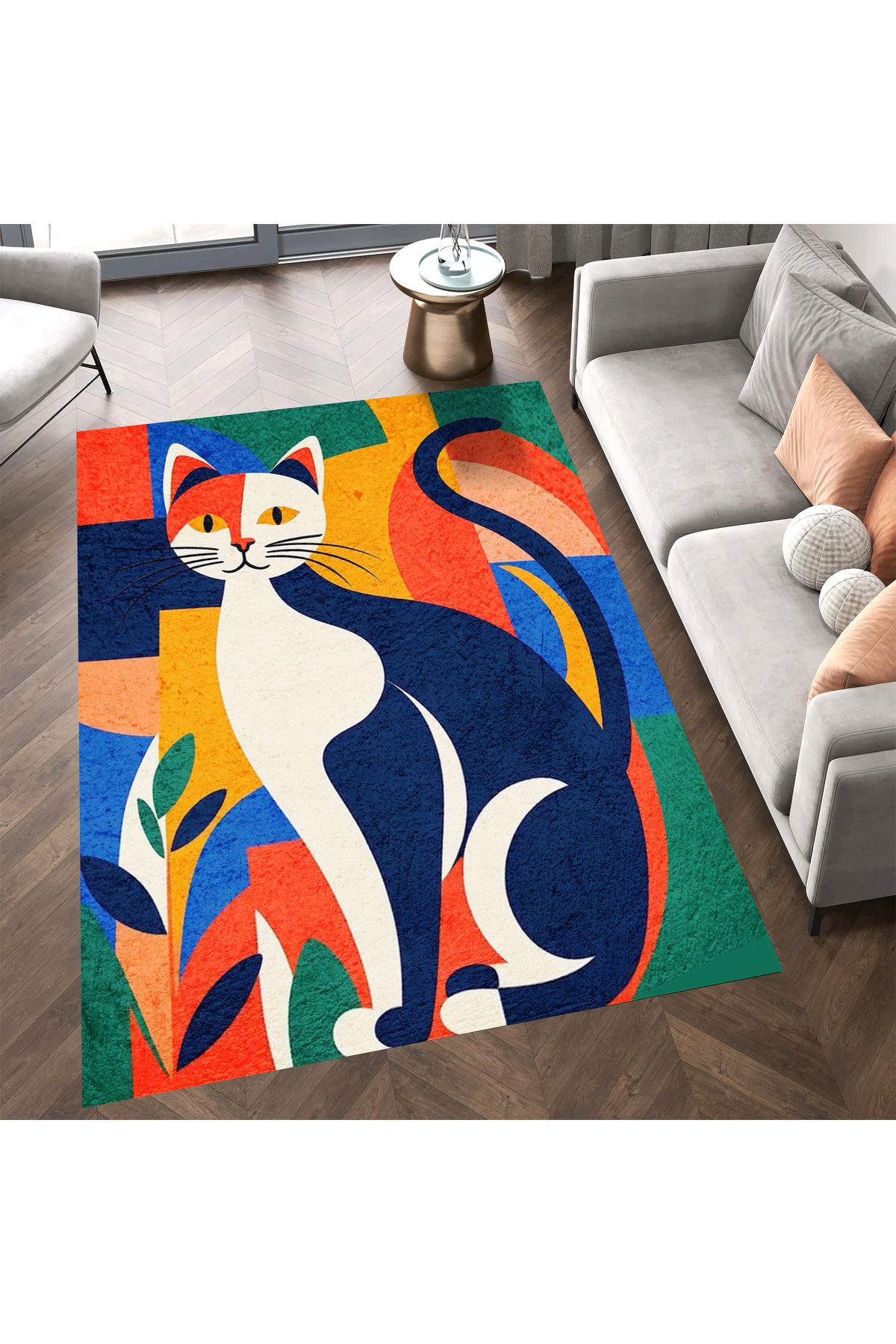 Kuzey Koleksiyonu Çok Renkli Kedi Desenli Dokuma Taban Dekoratif Halı kuzey20