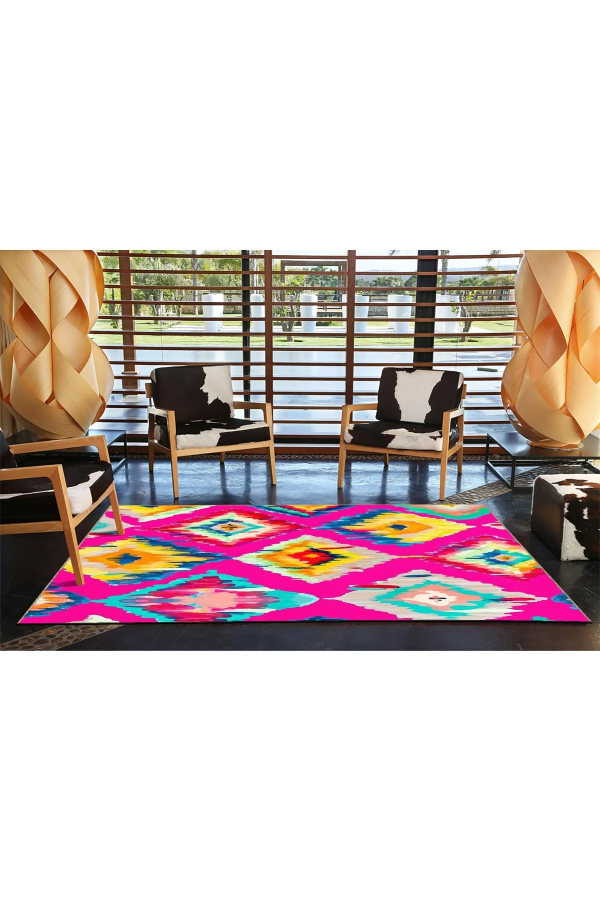 Pembe Temalı Çok Renkli Soyut Dörtgen Geometrik Desenli Modern Dekoratif Halı 3807