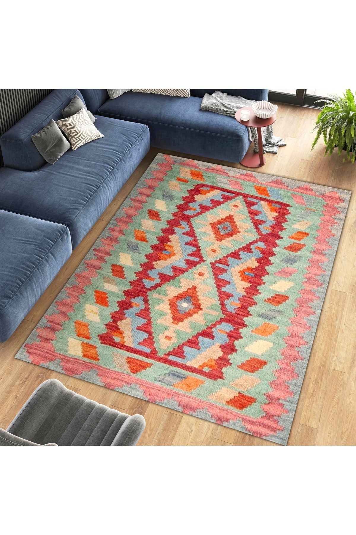 Aysu Koleksiyonu Pembe Yeşil Kırmızı Etnik Desenli Dokuma Taban Modern Dekoratif Halı aysu29