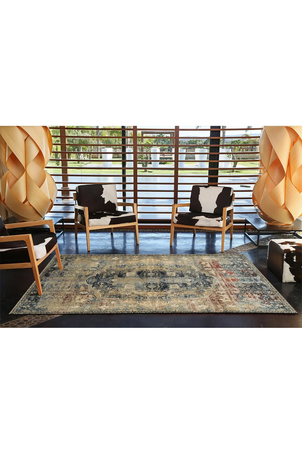 Lacivert Bej Temalı Geleneksel Motif Desenli Vintage Dekoratif Halı 4509