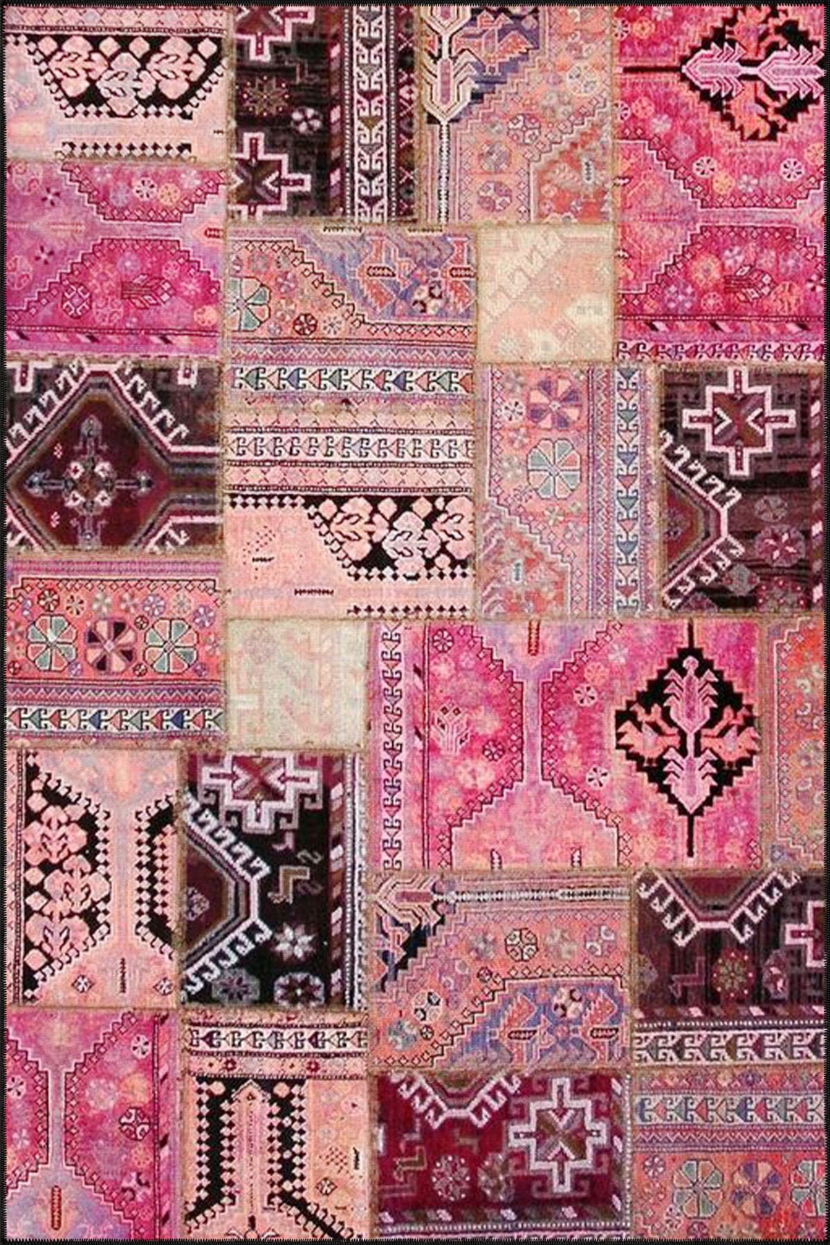 Pembe Renkli Geometrik Motifli Desenli Modern Dekoratif Halı 4434