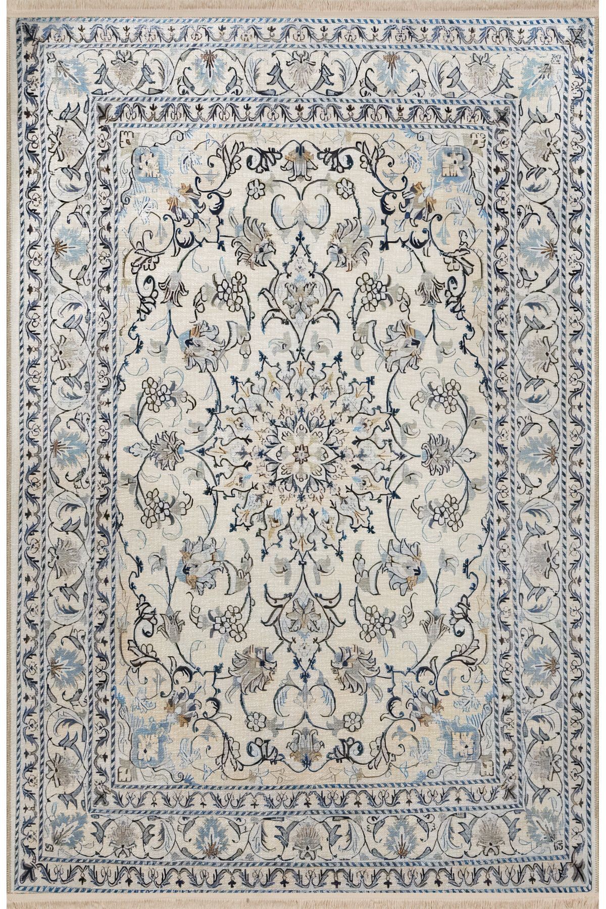 Bej Gri Temalı Geleneksel Motif Etnik Çiçek Desenli Vintage Dekoratif Halı 2447