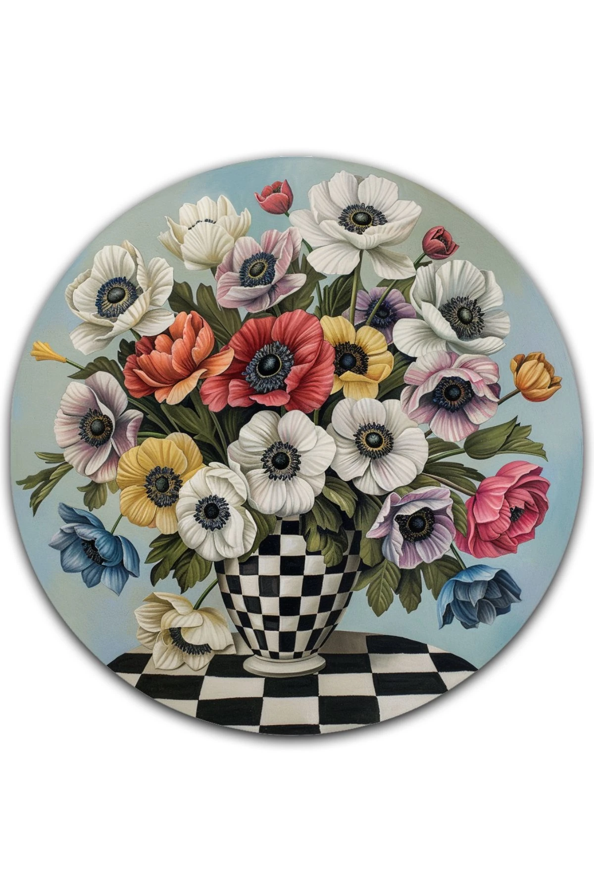 Fiorella 7002 Vazoda Renkli Çiçekler Dama Temalı Yuvarlak Baskılı Halı