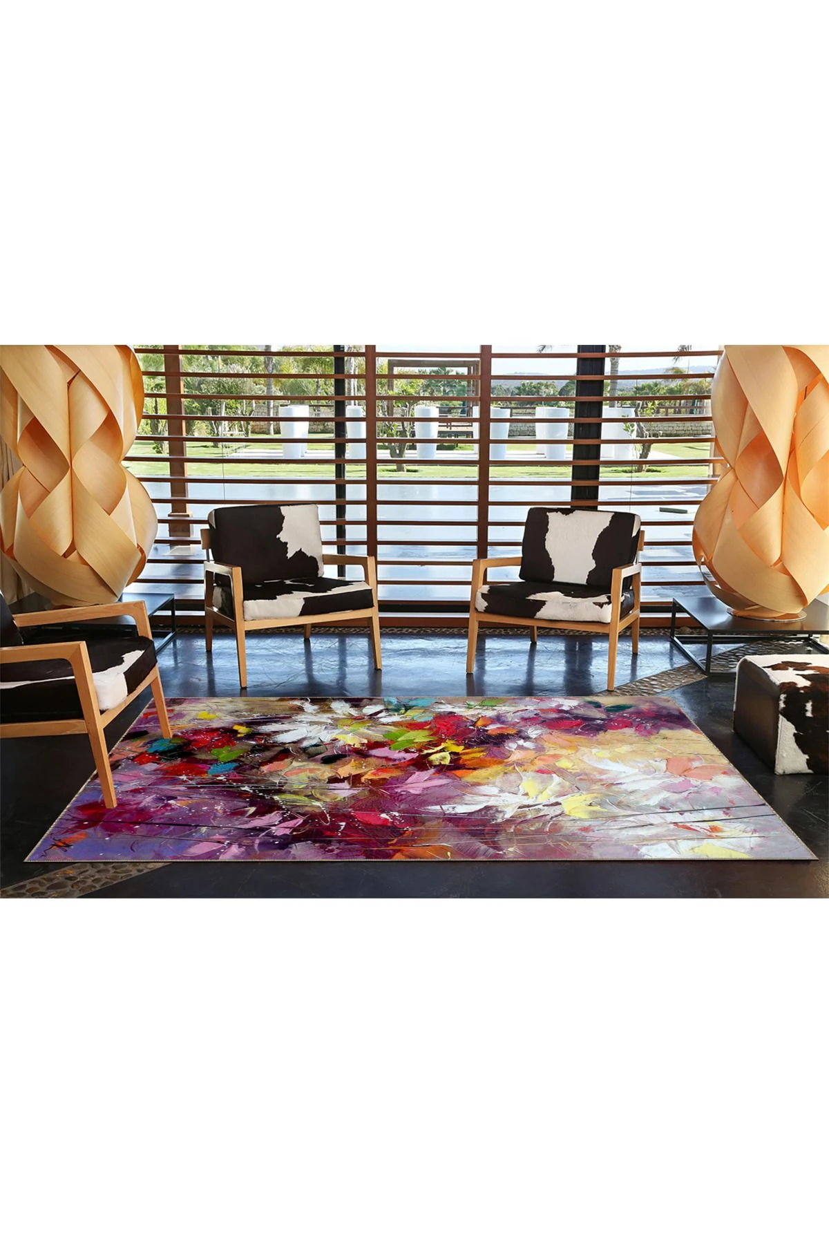 Mor Temalı Çiçekli Modern Desenli Dekoratif ve Dokuma Taban Yıkanabilir Halı miravip8816