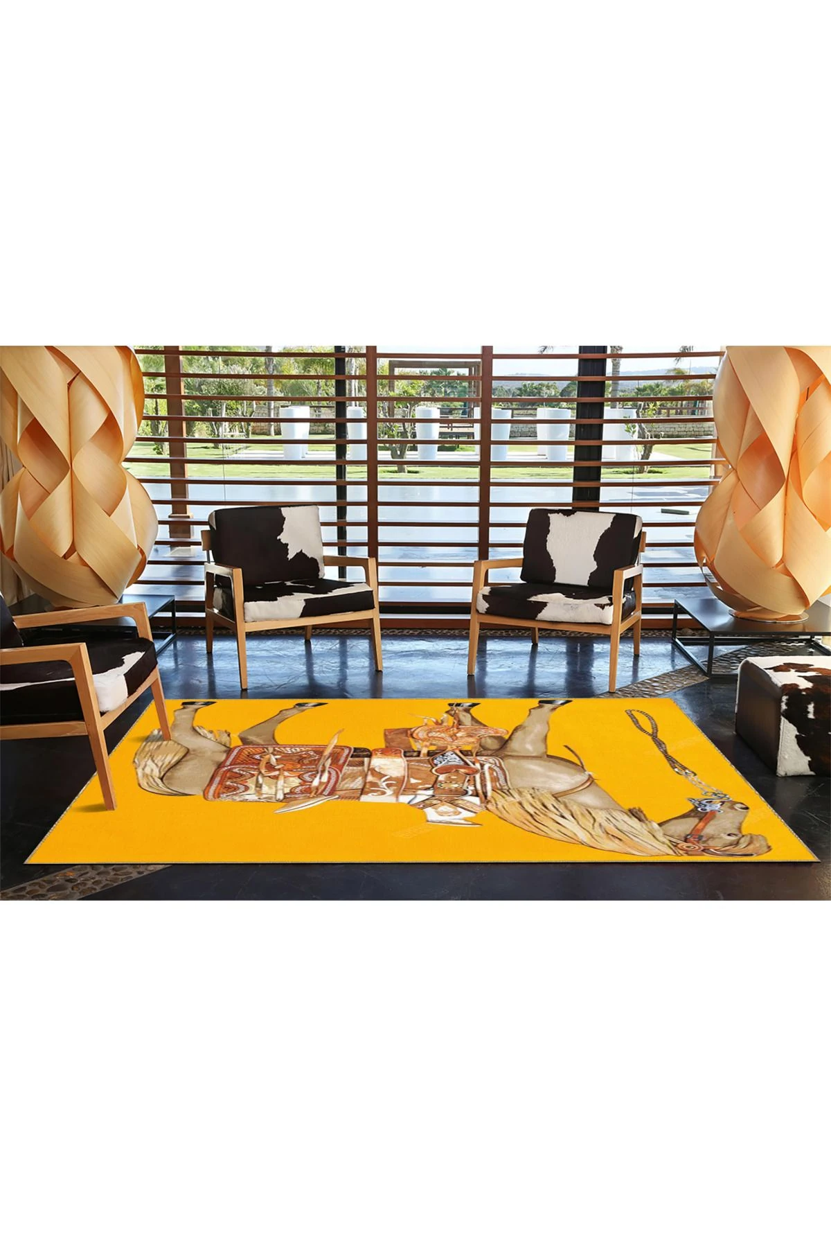 At Desenli Sarı Tonlarda Dekoratif Halı miravip718