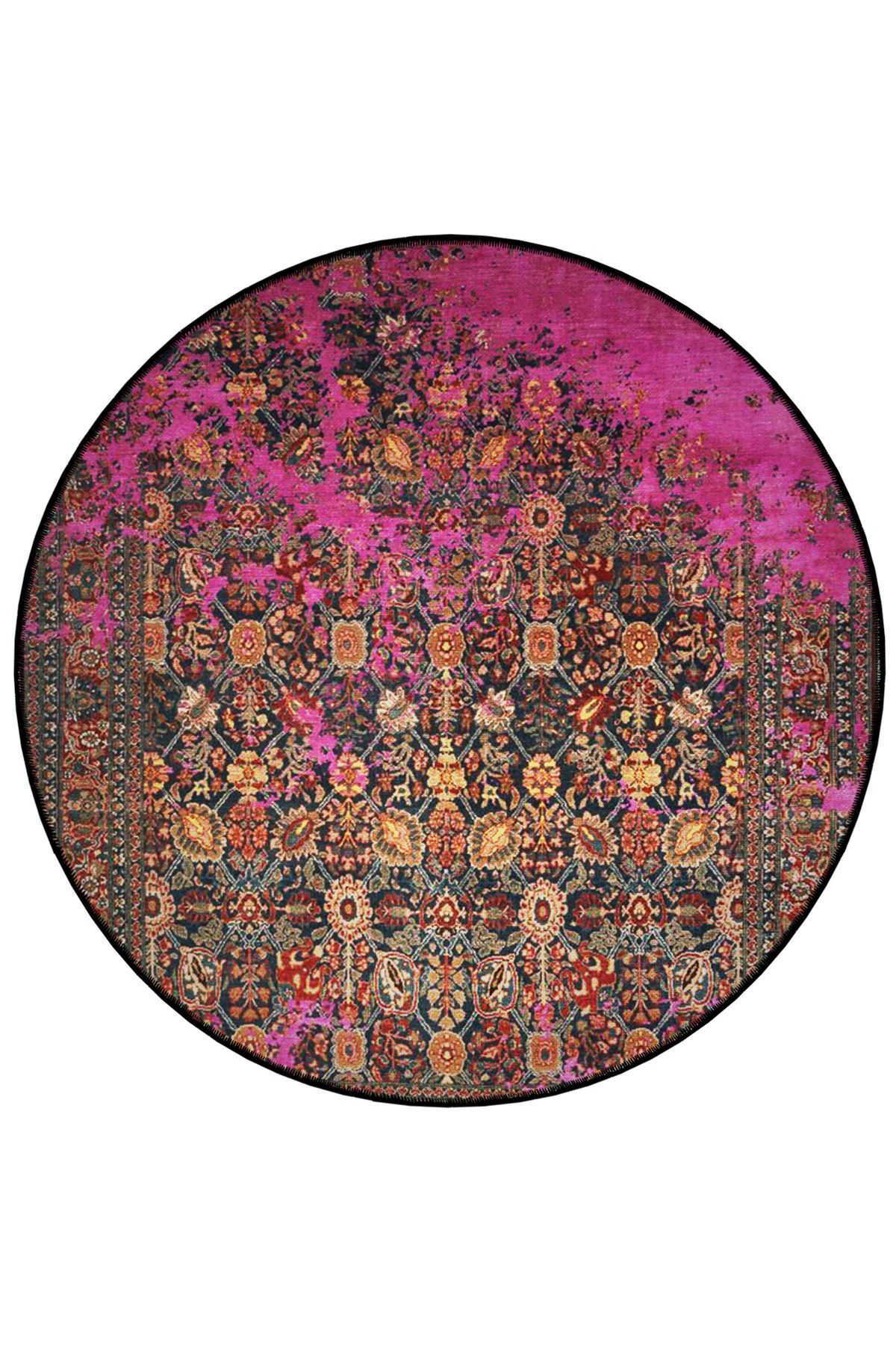 Mira Yuvarlak Pembe Detaylı Antik Desenli Dokuma Taban Modern Dekoratif Halı 5696