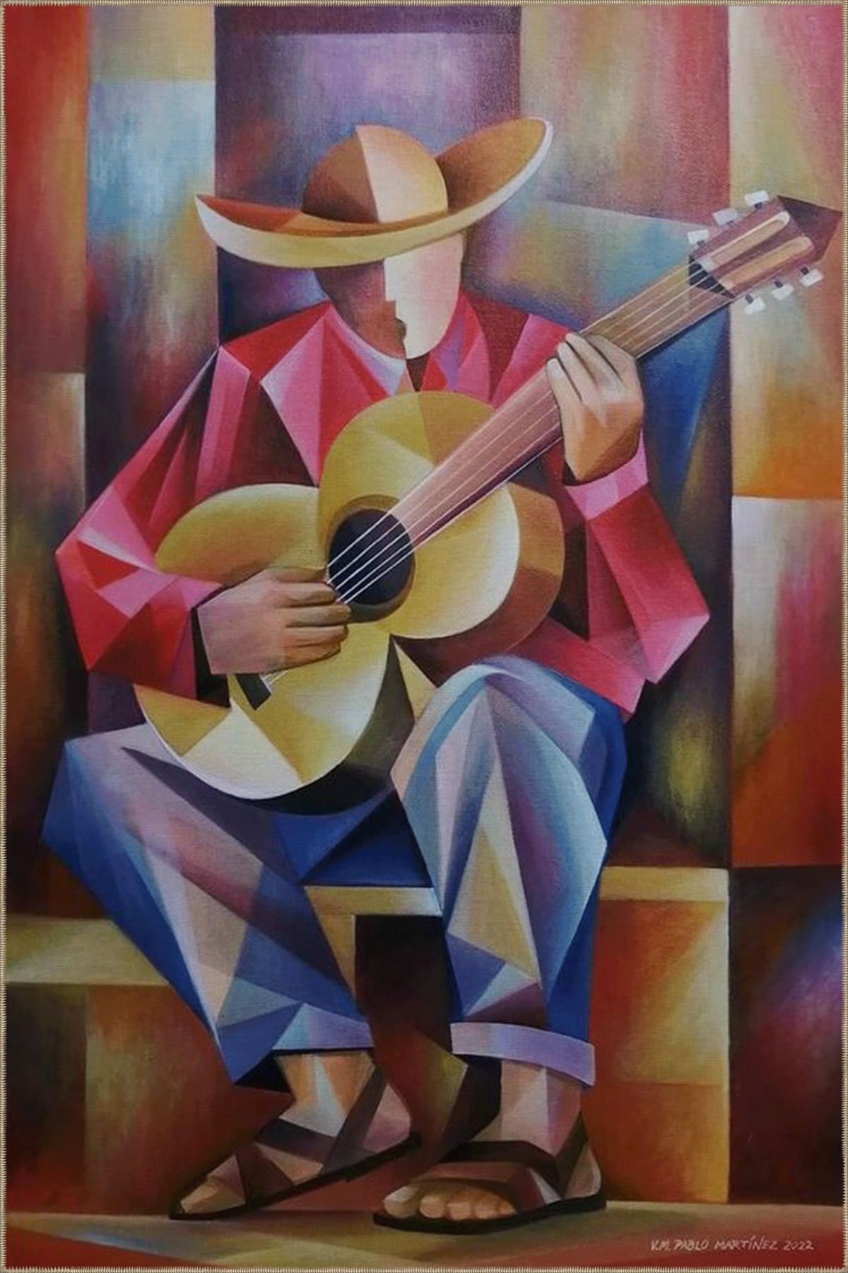 Çok Renkli Soyut Tasarım Gitar Çalan İnsan Desenli Modern Dekoratif Halı 3553
