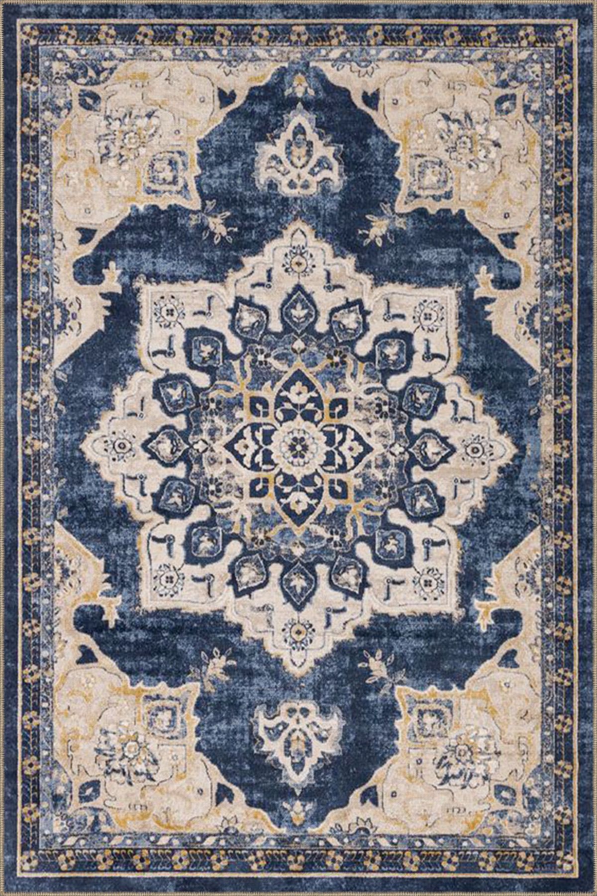 Mavi Krem Geleneksel Baklavalı Çiçekli Dokuma Taban Yıkanabilir Halı miravip8924