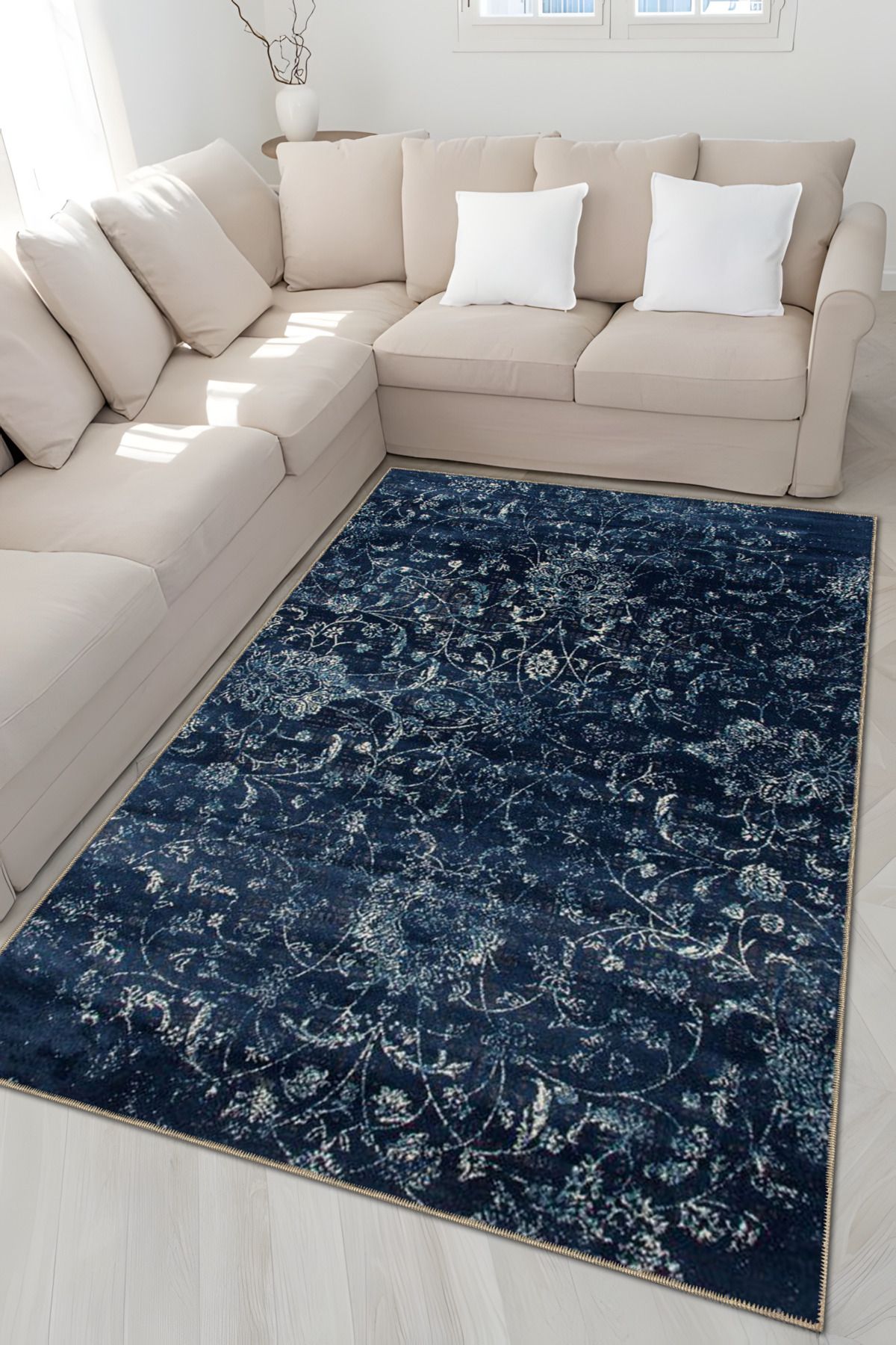 Lacivert Temalı Motifli Etnik Çiçek Desenli Vintage Dekoratif Halı 4914