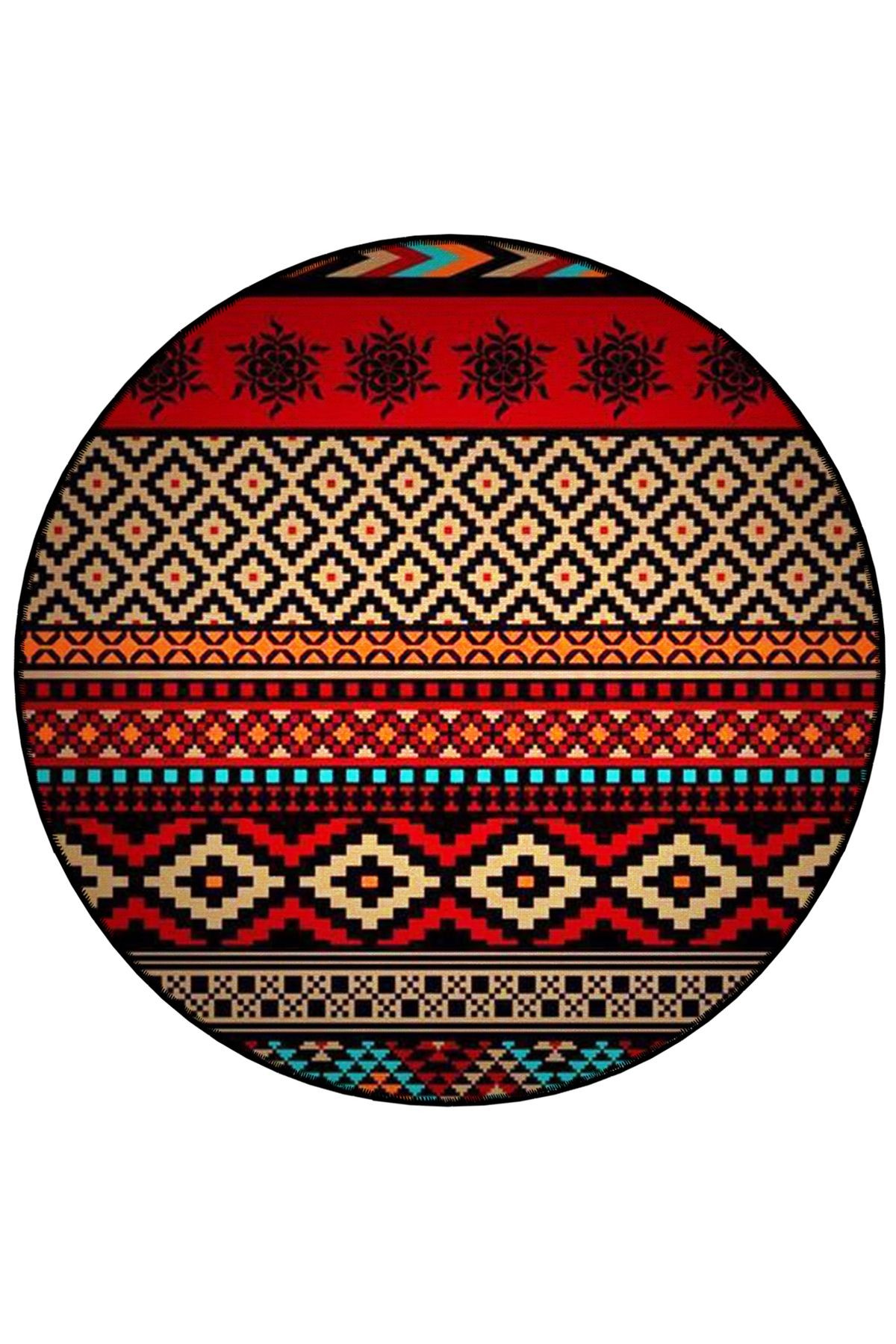 Mira Yuvarlak Kırmızı Siyah Etnik Desen Detaylı Dokuma Taban Modern Dekoratif Halı 5785