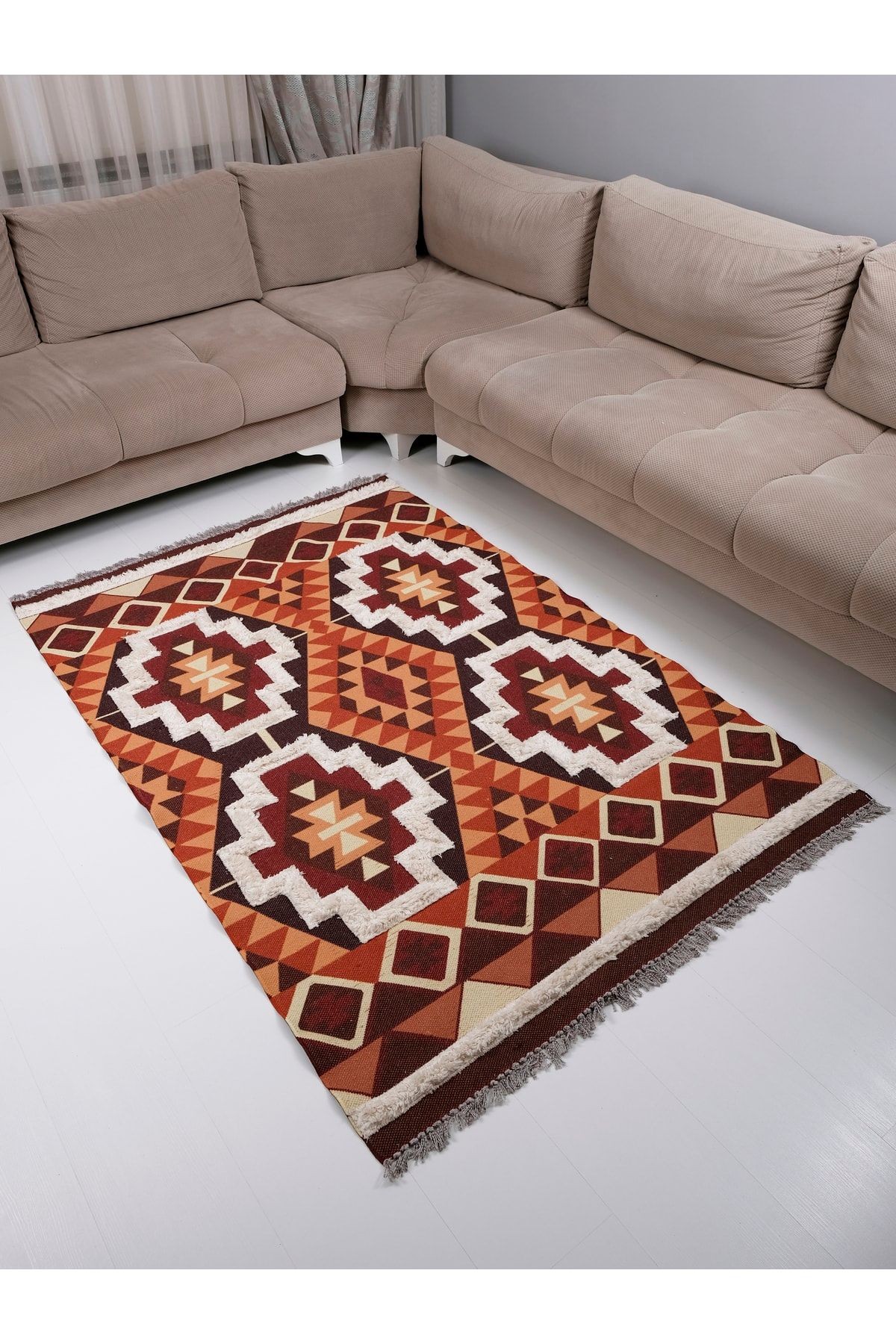 Rst 4033 Kiremit Renk Çok Renkli Geometrik Etnik Desenli Kilim