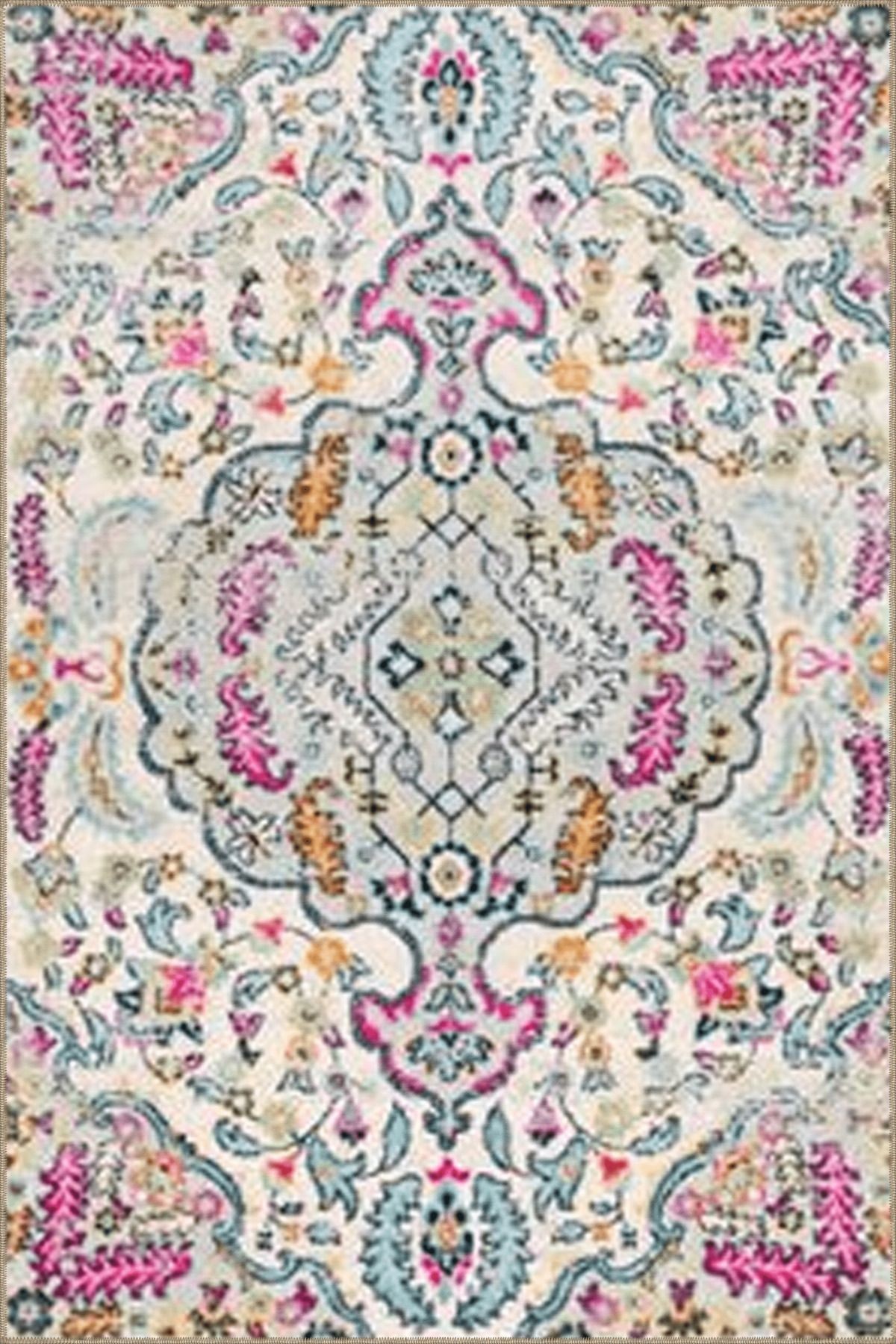 Açık Ton Çok Renkli Geleneksel Motif Desenli Vintage Dekoratif Halı 5001
