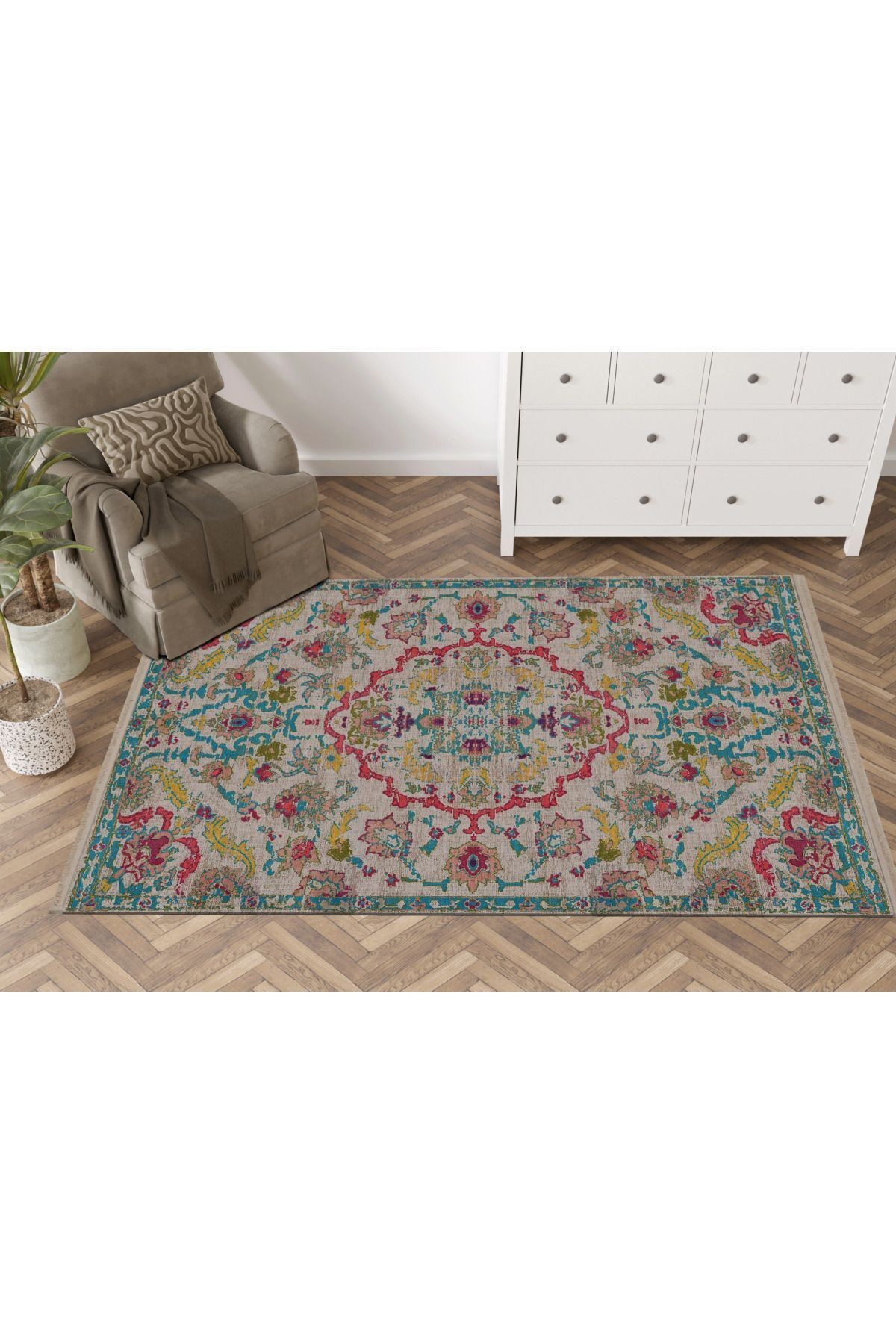 Mira Çok Renkli Geleneksel Motif Etnik Desenli Vintage Dekoratif Halı Mira 1585