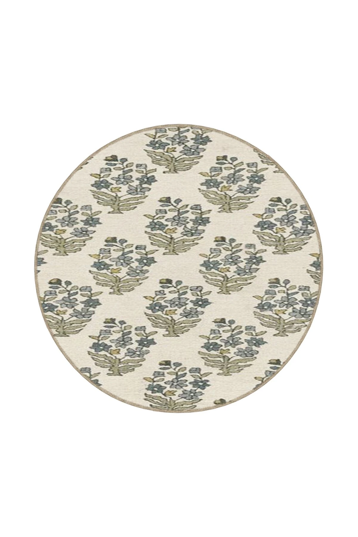 Yeşil Çerçeveli Krem Pastel Boyalı Çiçekli Dekoratif Yıkanabilir Halı miravip9001